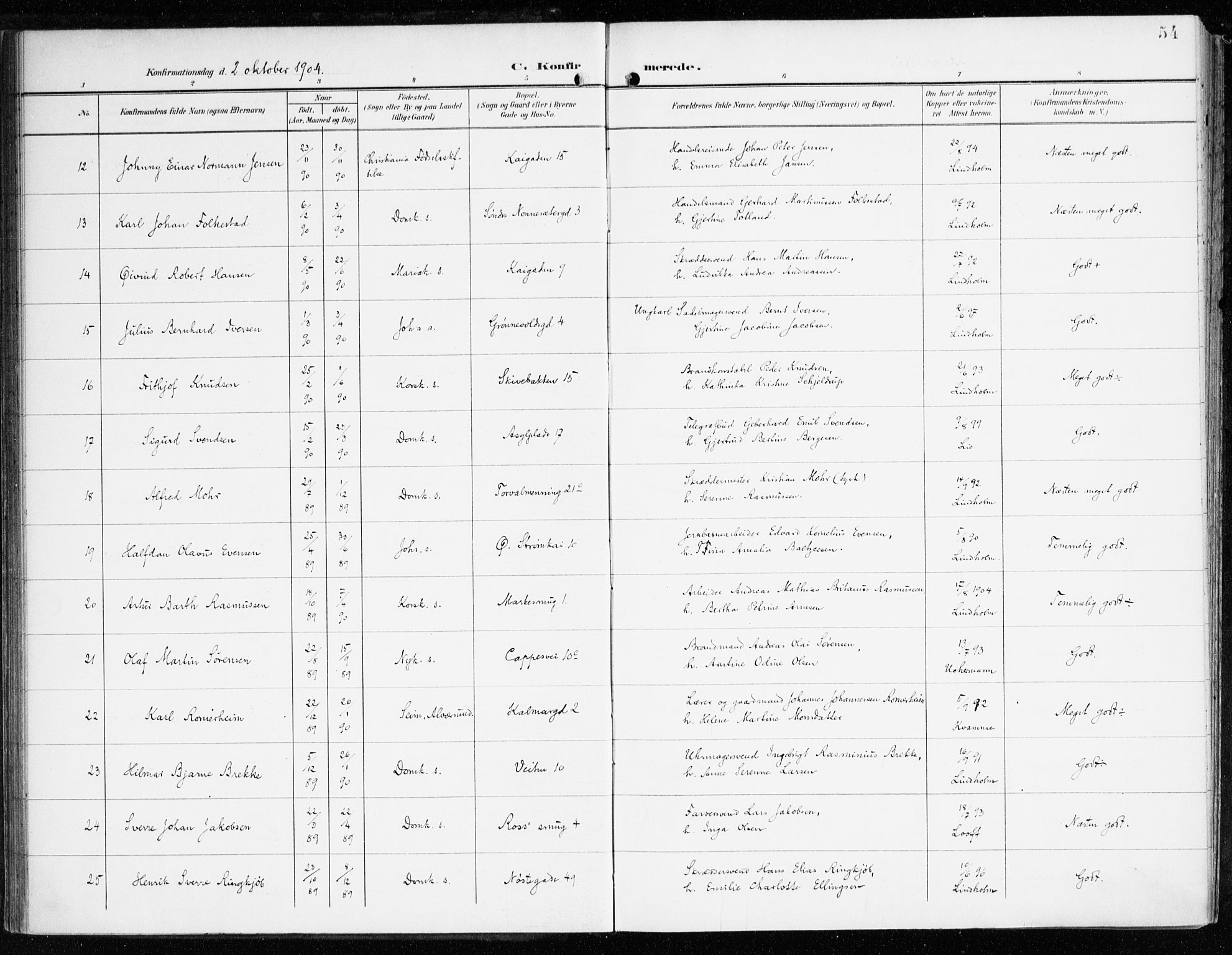 Domkirken sokneprestembete, AV/SAB-A-74801/H/Haa/L0031: Parish register (official) no. C 6, 1898-1915, p. 54