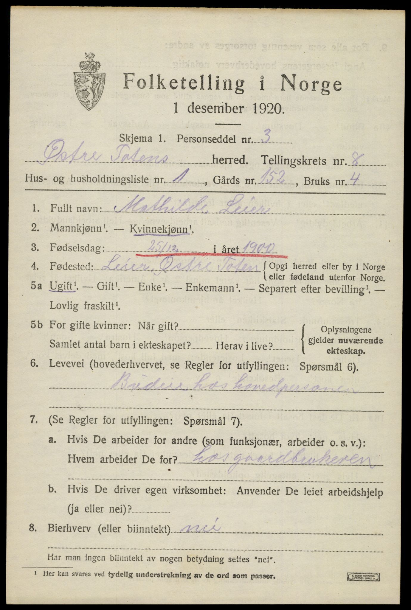 SAH, 1920 census for Østre Toten, 1920, p. 15860