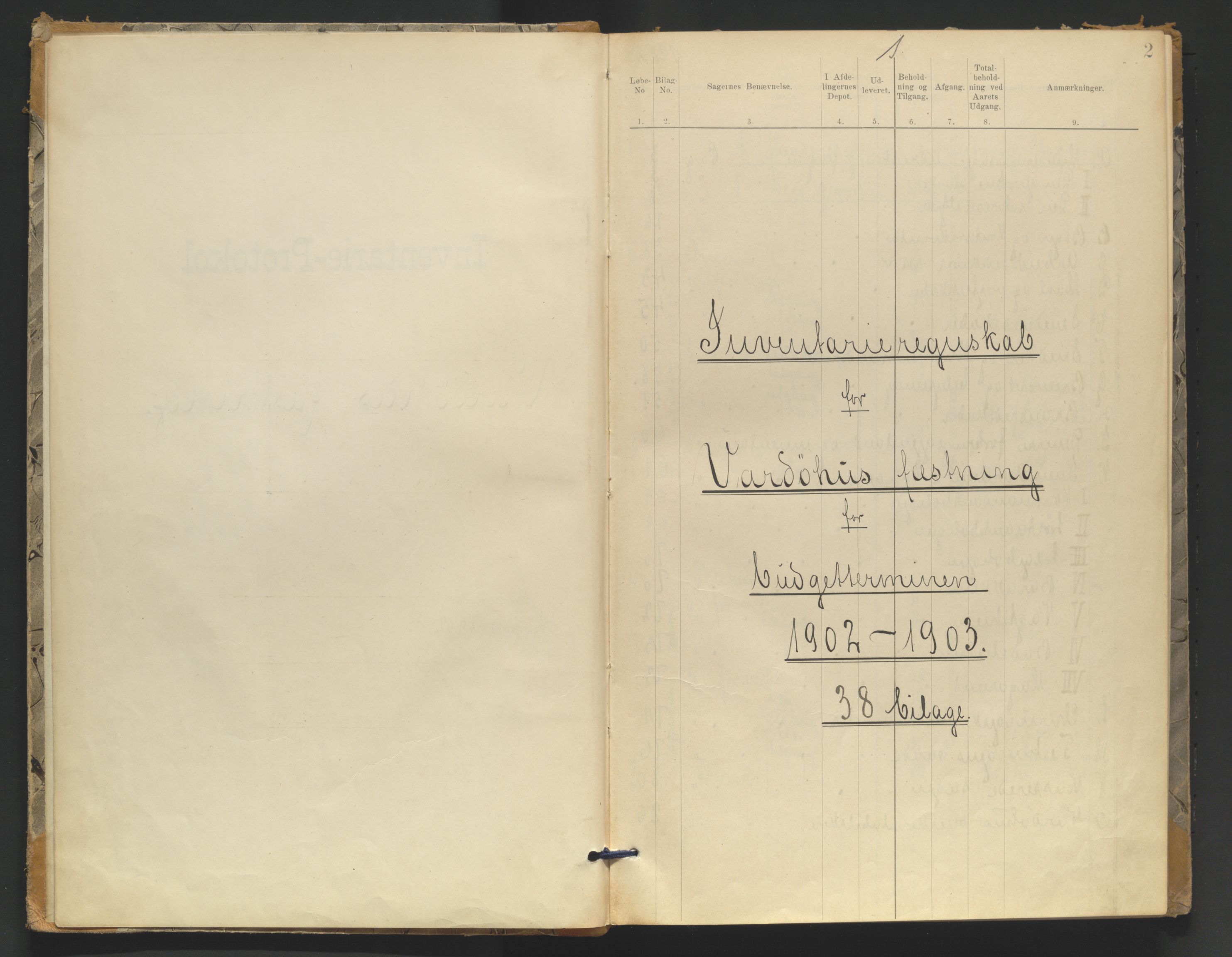 Vardøhus festning, AV/SATØ-S-0036/Rx/L0290: Inventarprotokoller og -lister (før 1891, se journalsakene, jf. besiktelser). Med register. Autorisert 09.12.1902., 1902-1906