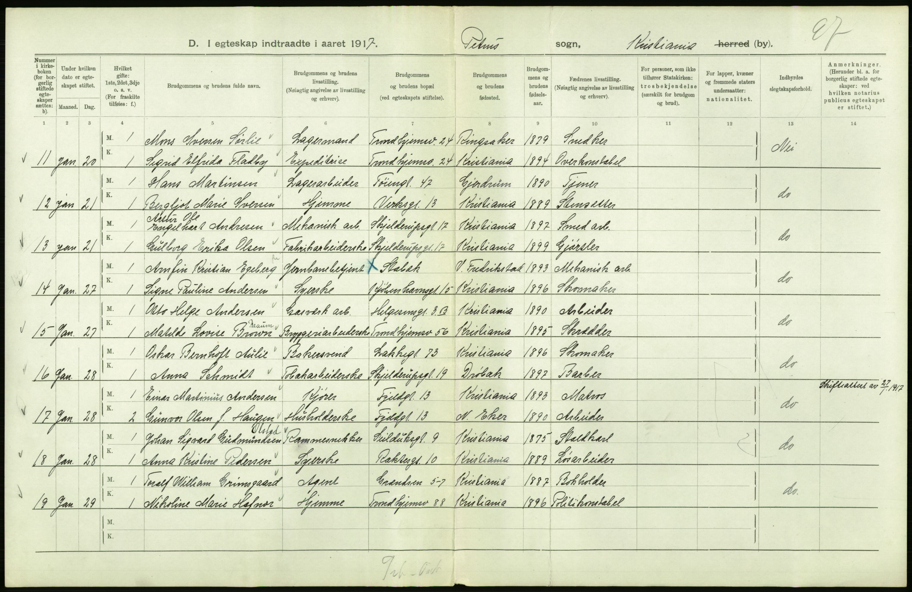 Statistisk sentralbyrå, Sosiodemografiske emner, Befolkning, AV/RA-S-2228/D/Df/Dfb/Dfbg/L0008: Kristiania: Gifte, 1917, p. 148