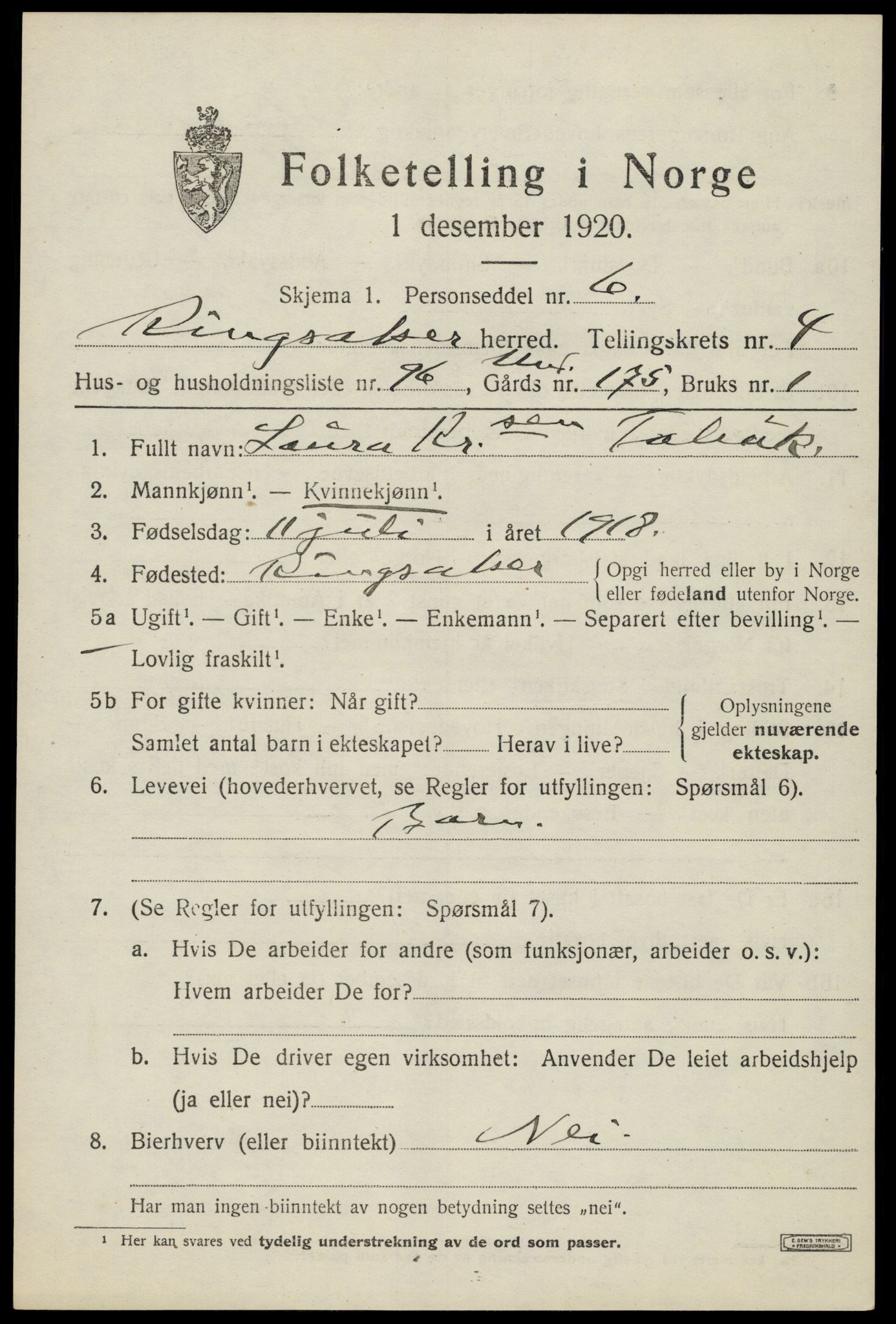 SAH, 1920 census for Ringsaker, 1920, p. 9692