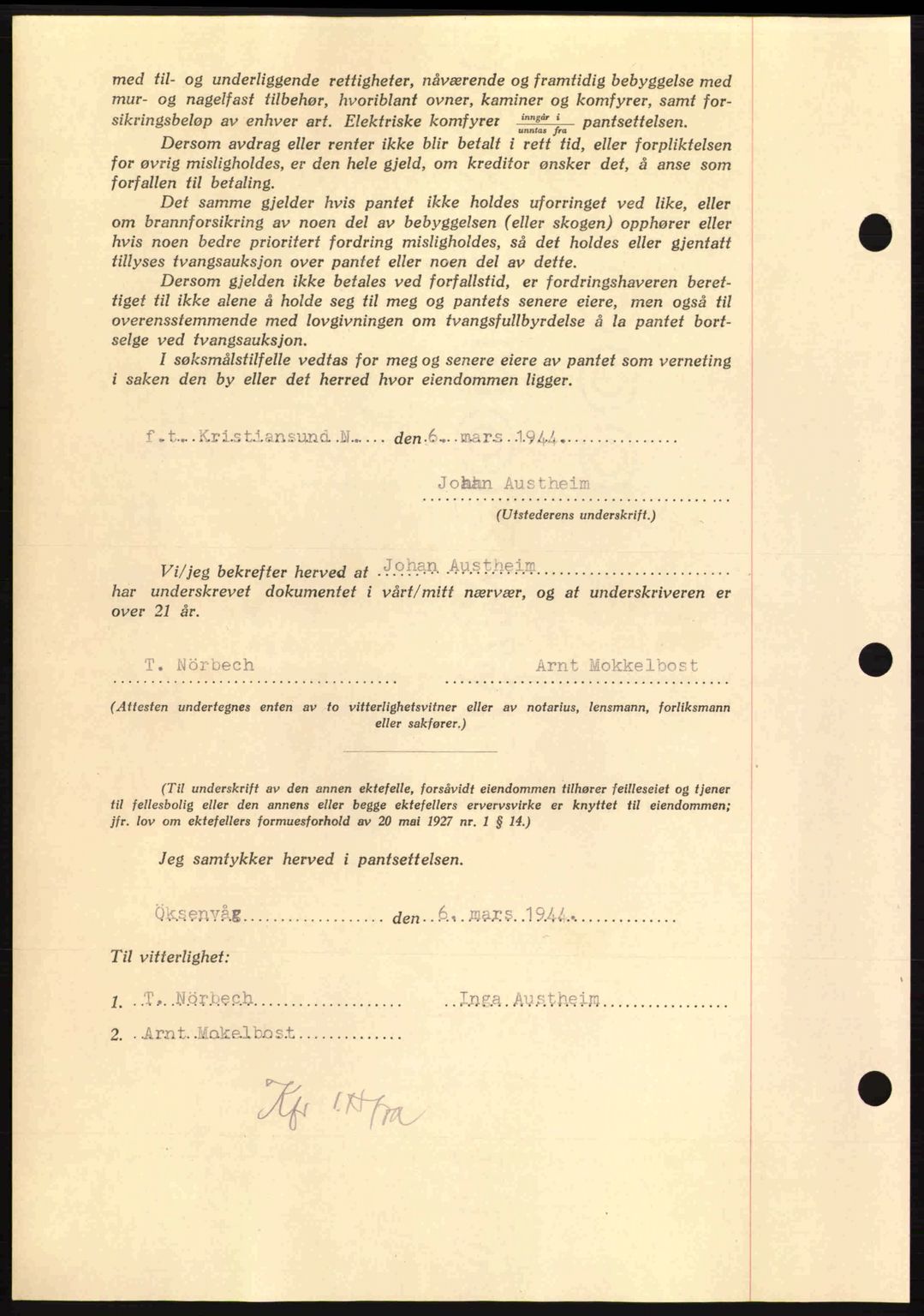 Nordmøre sorenskriveri, AV/SAT-A-4132/1/2/2Ca: Mortgage book no. B91, 1943-1944, Diary no: : 422/1944