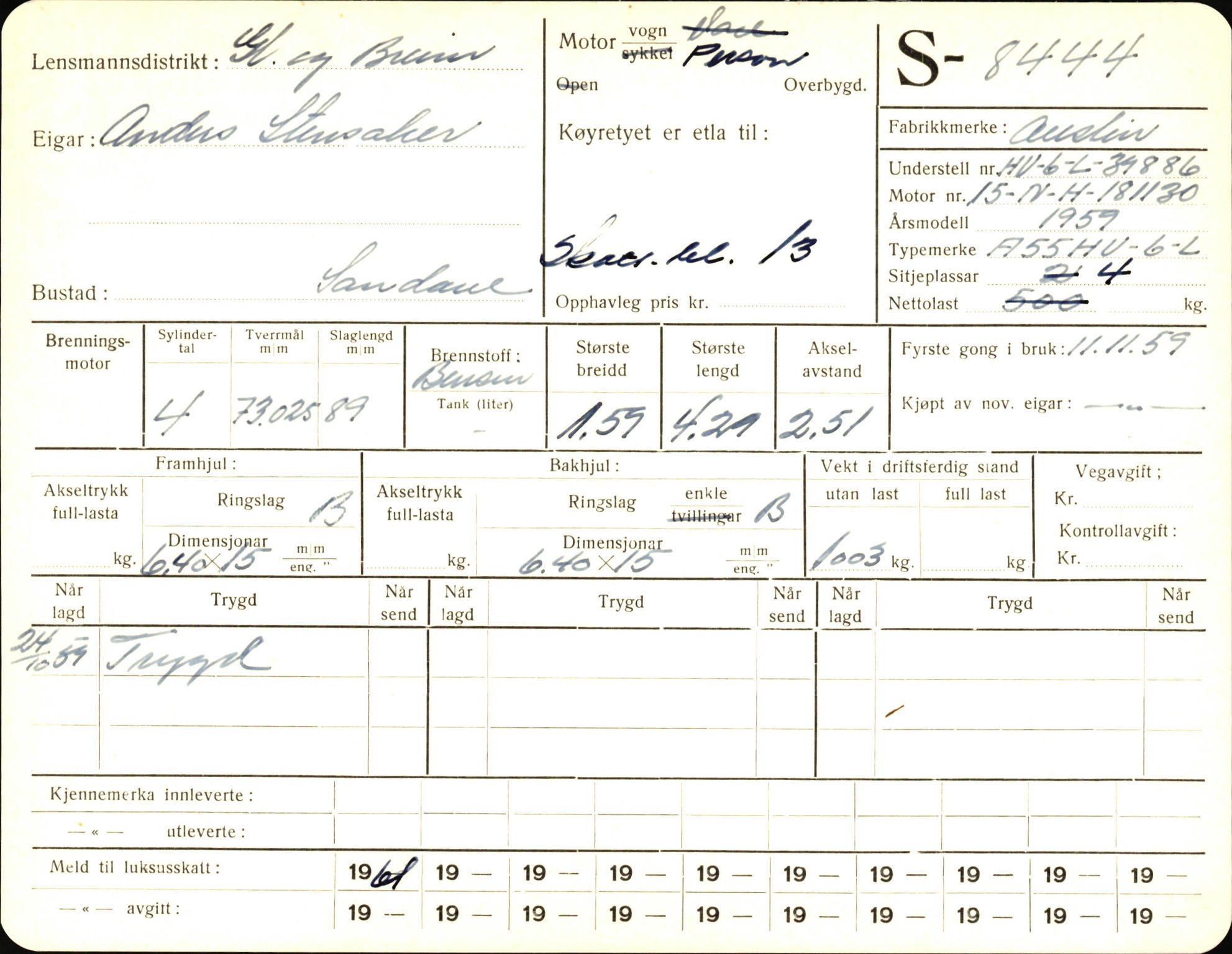 Statens vegvesen, Sogn og Fjordane vegkontor, AV/SAB-A-5301/4/F/L0006: Registerkort utmeldte Fjordane S8300-9500, 1930-1961, p. 213