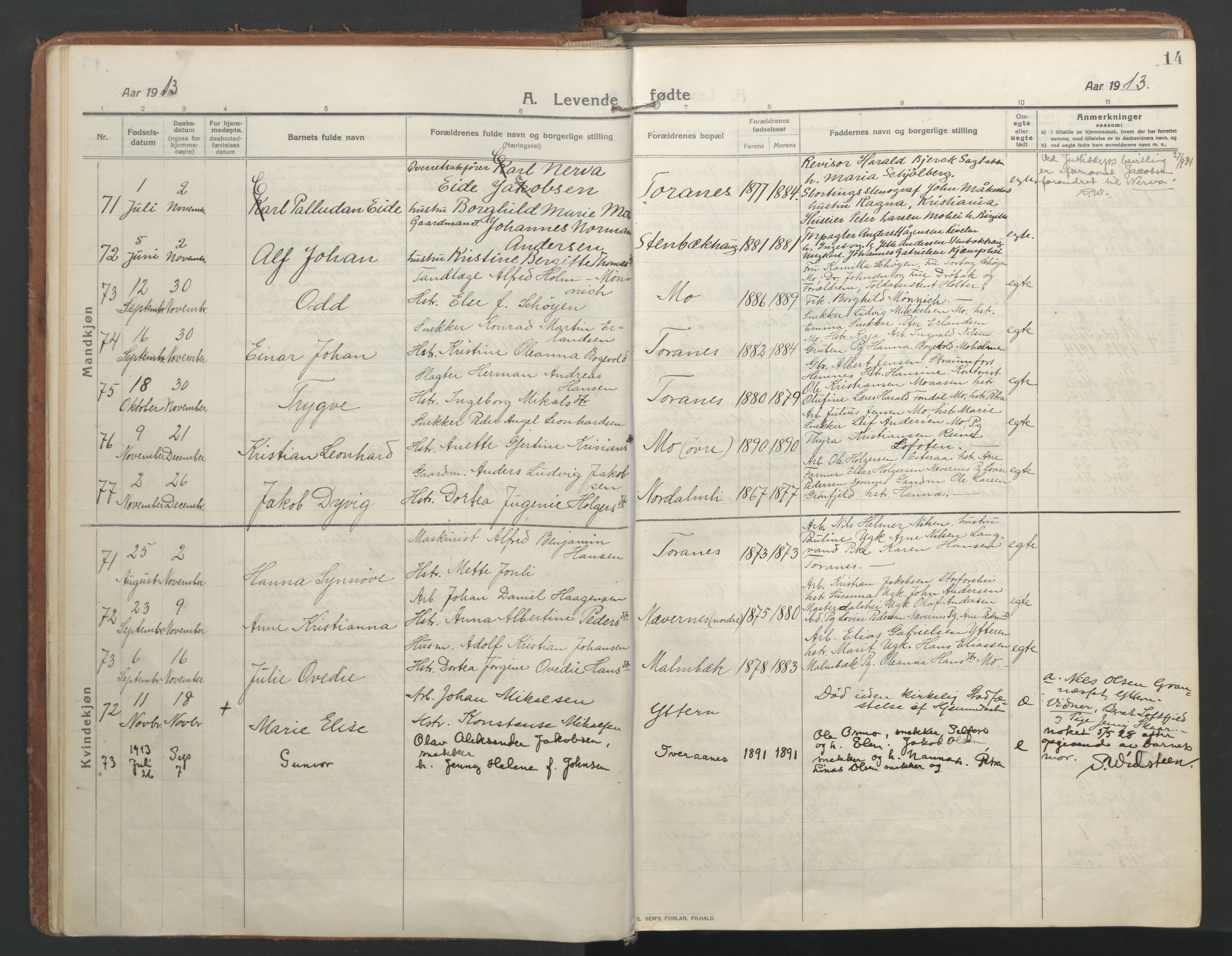 Ministerialprotokoller, klokkerbøker og fødselsregistre - Nordland, SAT/A-1459/827/L0404: Parish register (official) no. 827A16, 1912-1925, p. 14