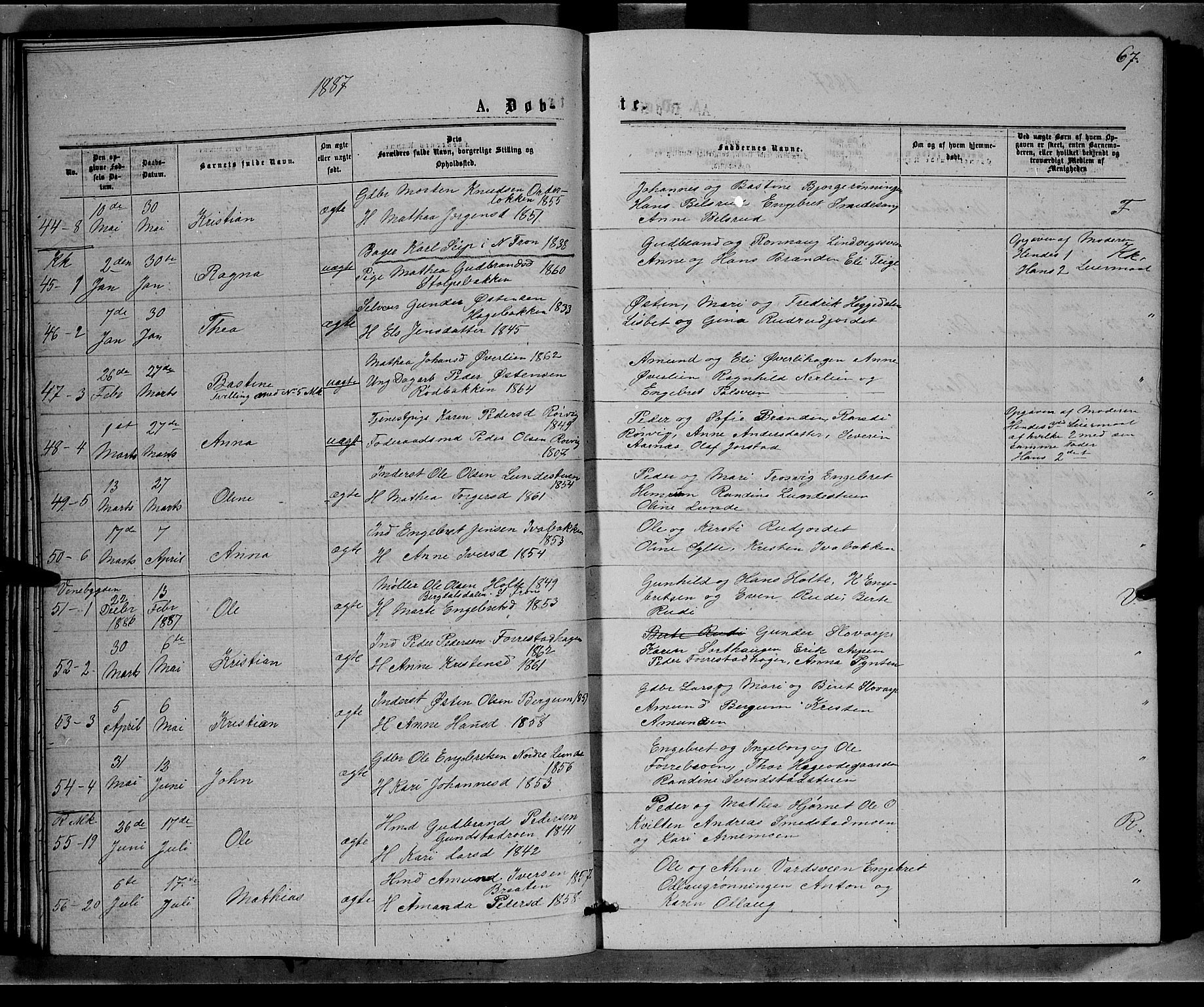 Ringebu prestekontor, AV/SAH-PREST-082/H/Ha/Hab/L0006: Parish register (copy) no. 6, 1880-1898, p. 67