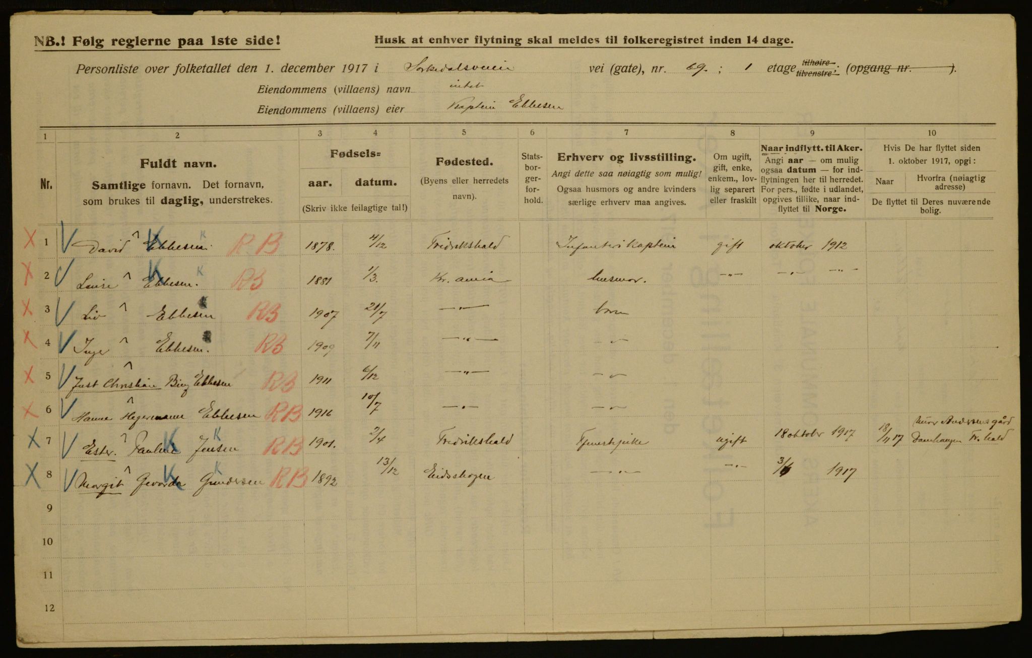 OBA, Municipal Census 1917 for Aker, 1917, p. 11