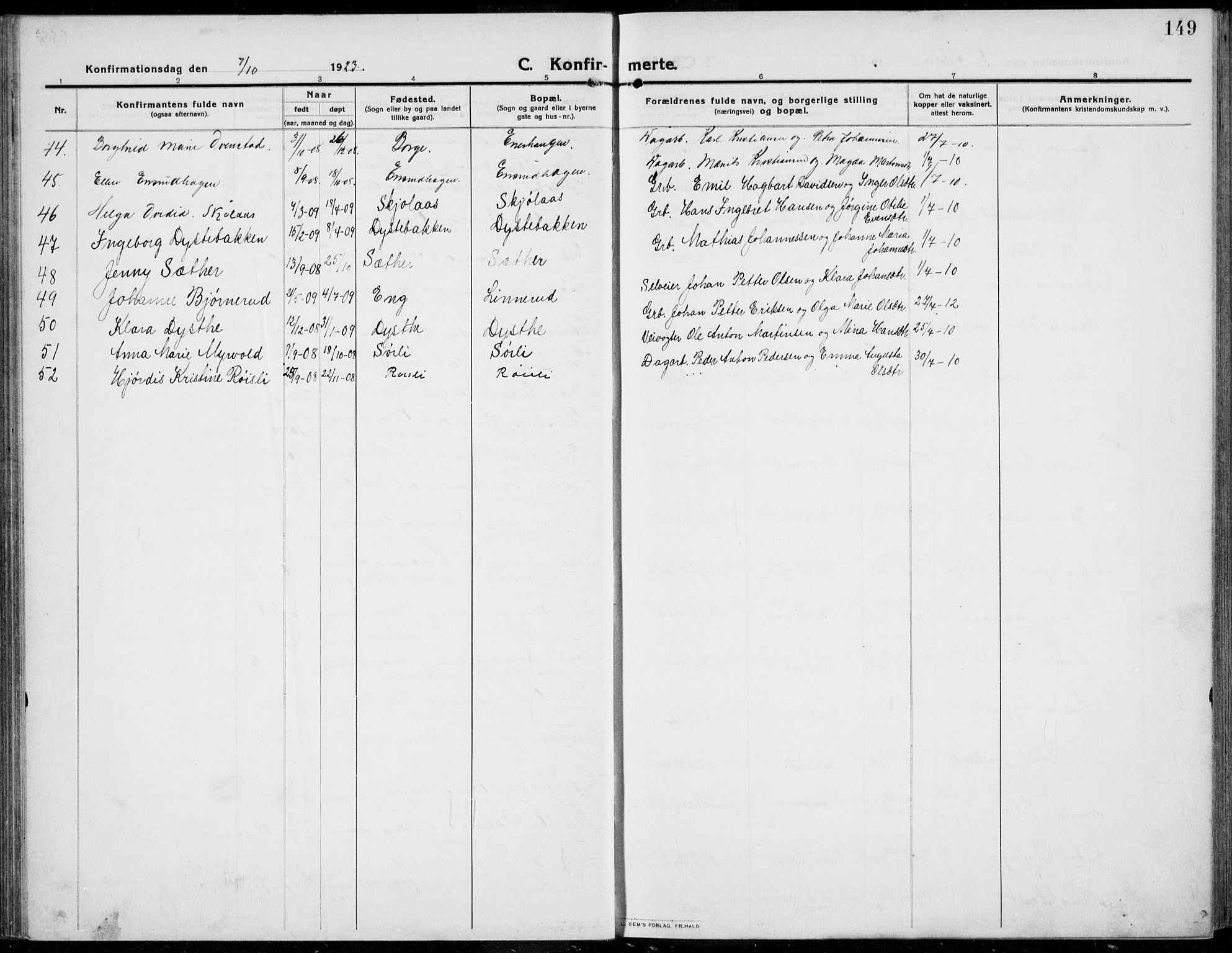 Kolbu prestekontor, SAH/PREST-110/H/Ha/Haa/L0002: Parish register (official) no. 2, 1912-1926, p. 149