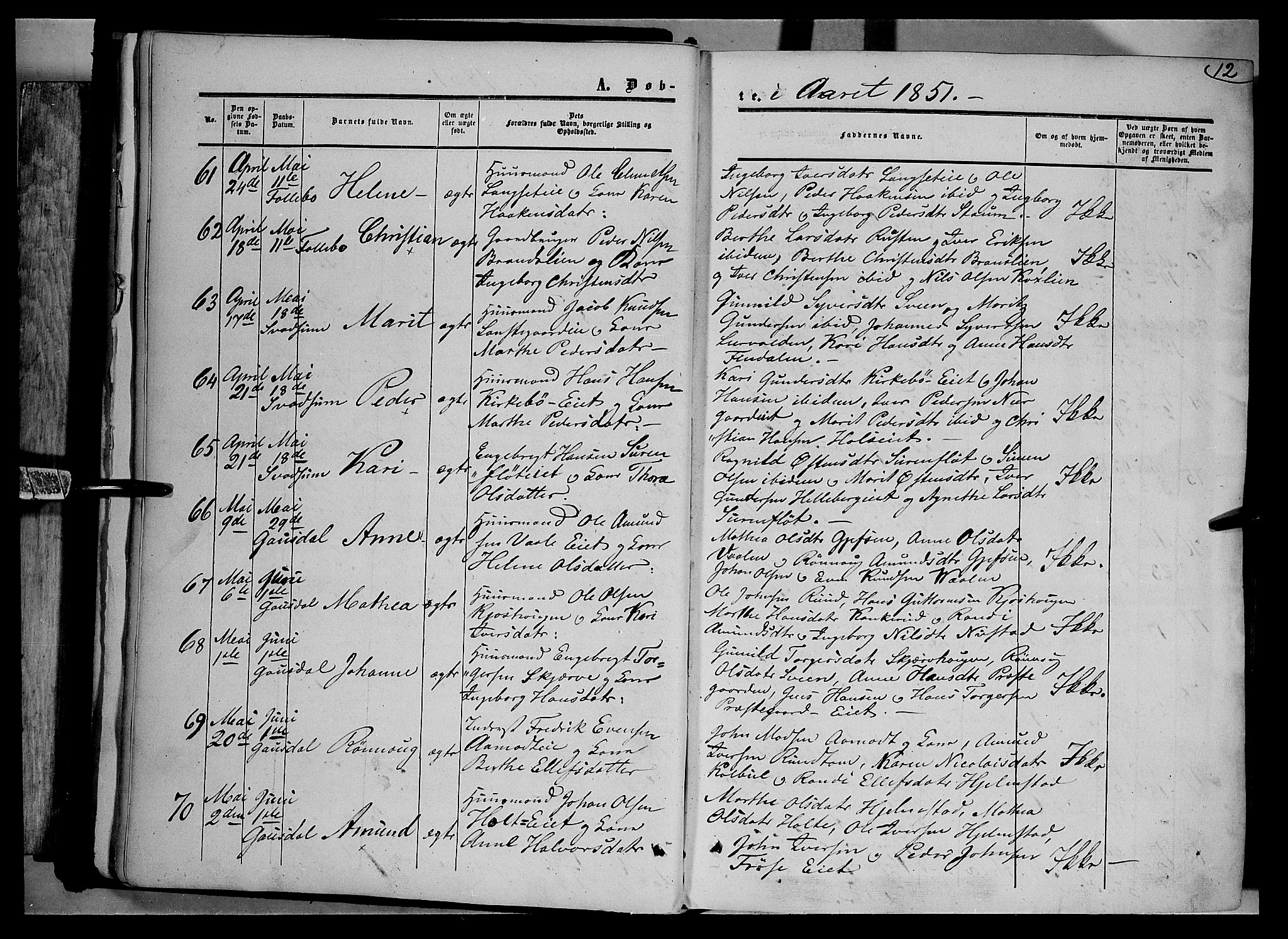 Gausdal prestekontor, SAH/PREST-090/H/Ha/Haa/L0008: Parish register (official) no. 8, 1850-1861, p. 12