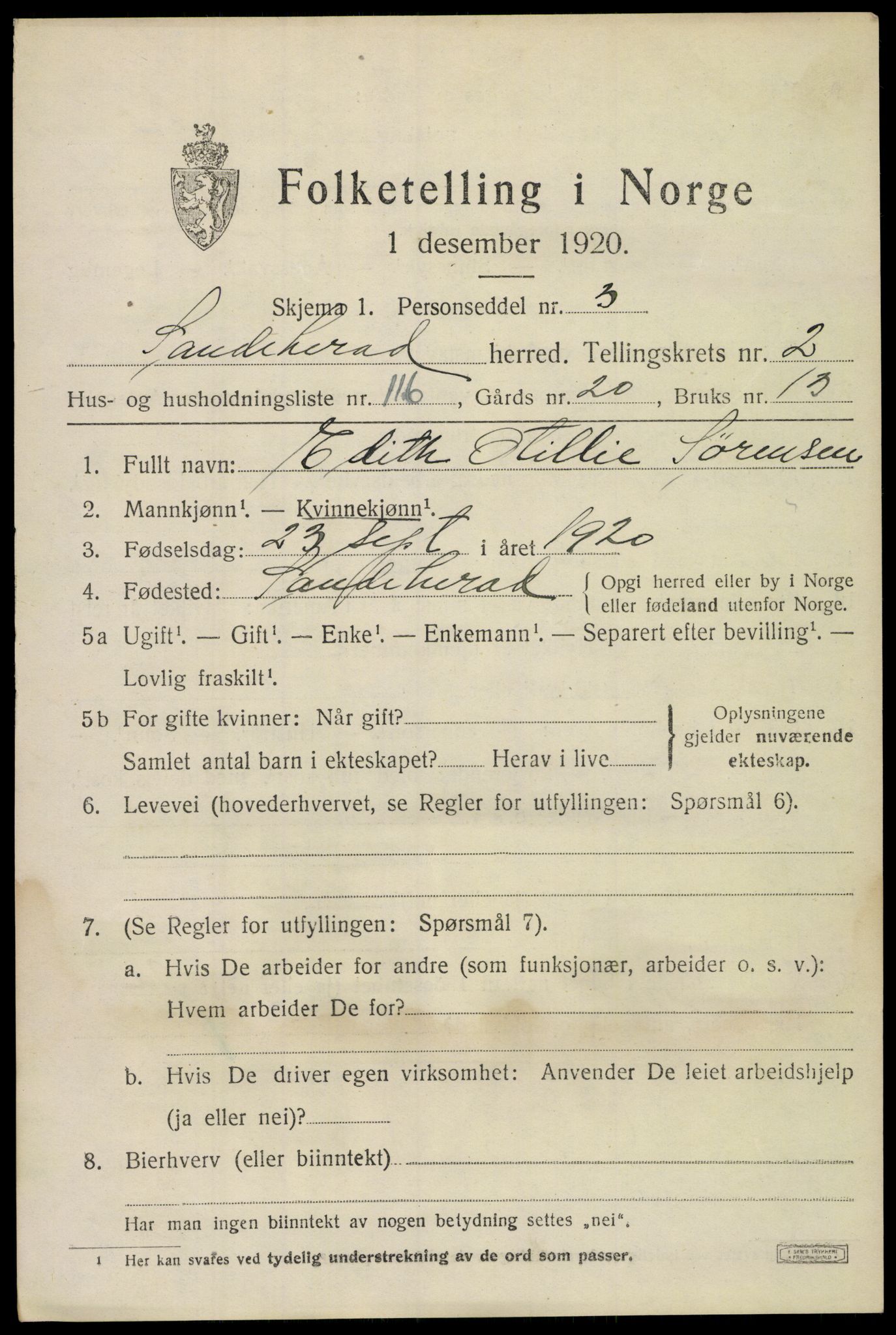 SAKO, 1920 census for Sandeherred, 1920, p. 5228