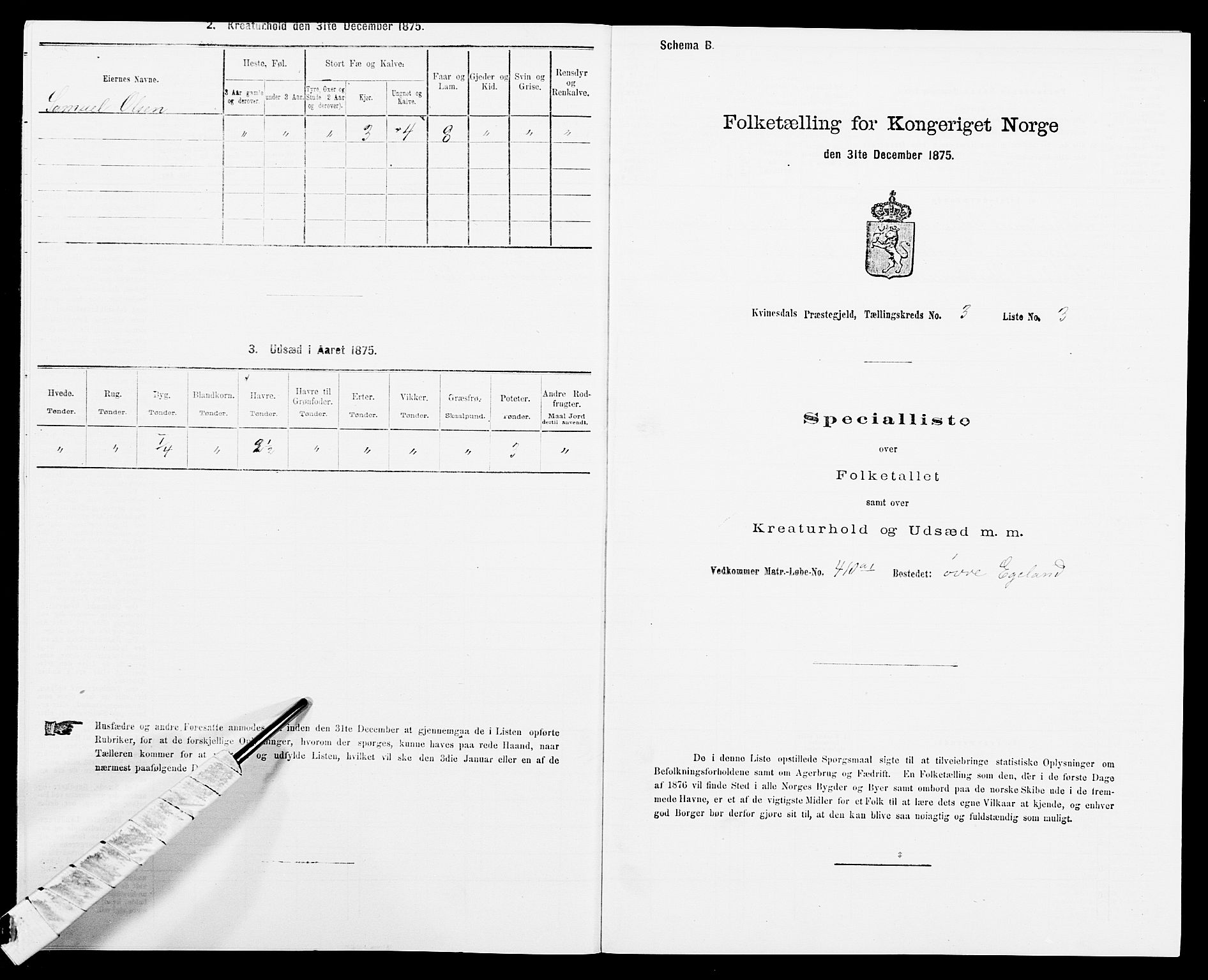 SAK, 1875 census for 1037P Kvinesdal, 1875, p. 430