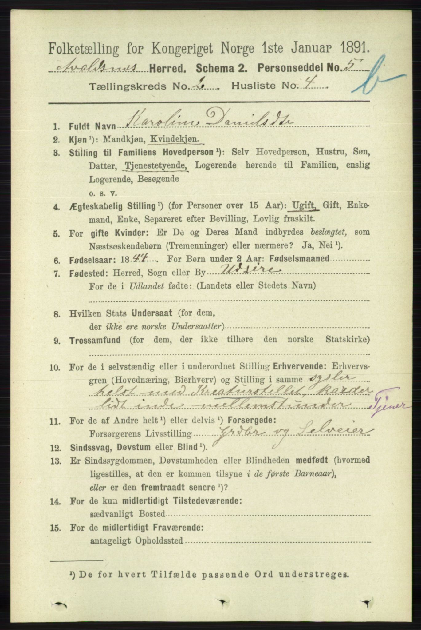 RA, 1891 census for 1147 Avaldsnes, 1891, p. 2012