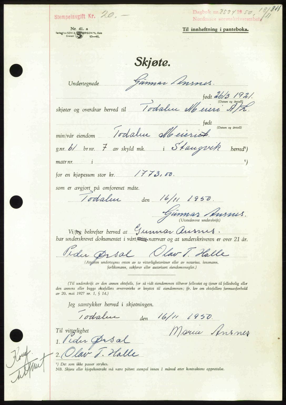 Nordmøre sorenskriveri, AV/SAT-A-4132/1/2/2Ca: Mortgage book no. A116, 1950-1950, Diary no: : 3534/1950