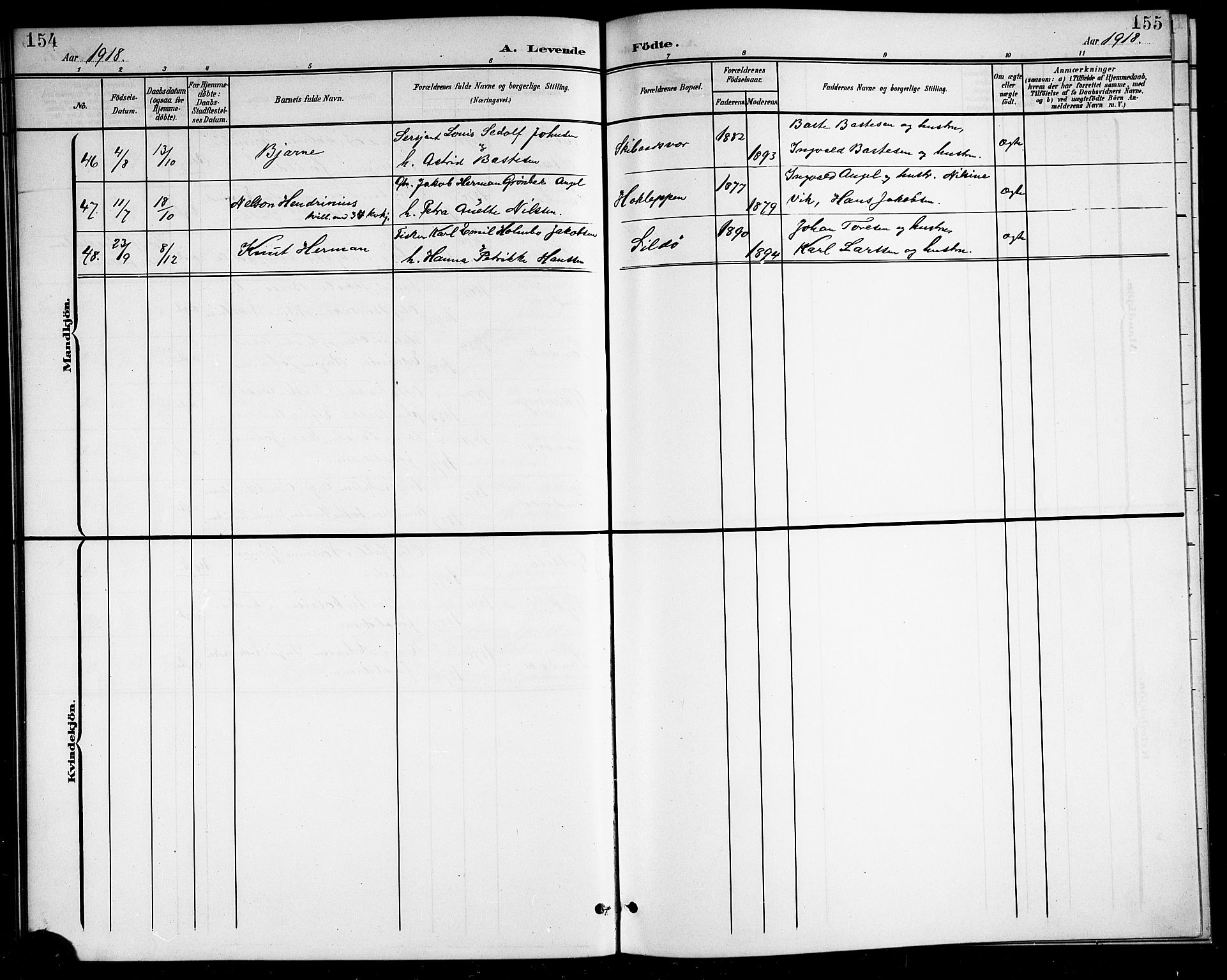 Ministerialprotokoller, klokkerbøker og fødselsregistre - Nordland, AV/SAT-A-1459/834/L0516: Parish register (copy) no. 834C06, 1902-1918, p. 154-155