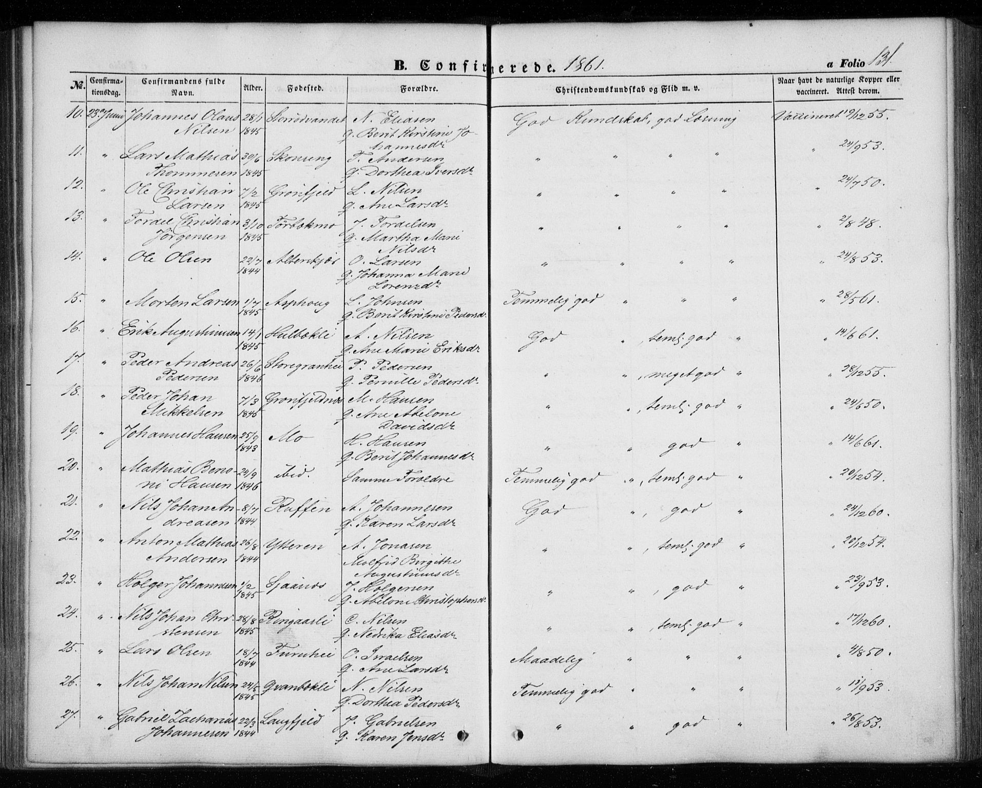 Ministerialprotokoller, klokkerbøker og fødselsregistre - Nordland, AV/SAT-A-1459/827/L0392: Parish register (official) no. 827A04, 1853-1866, p. 131