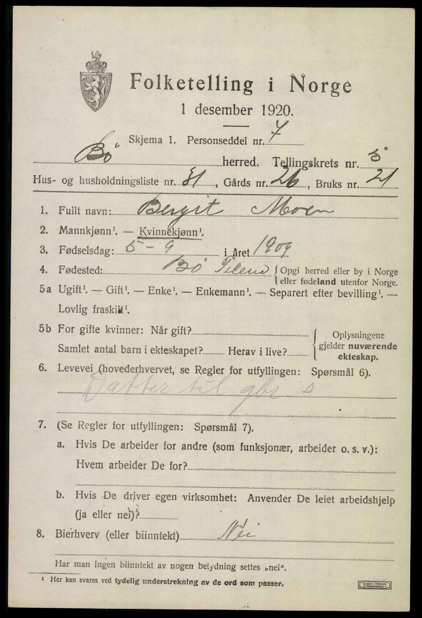 SAKO, 1920 census for Bø (Telemark), 1920, p. 4022