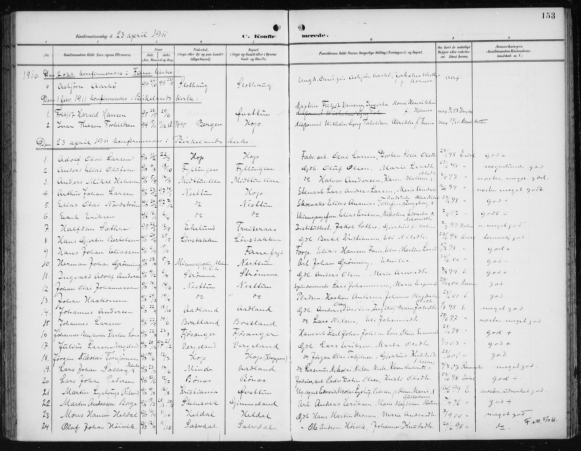 Fana Sokneprestembete, SAB/A-75101/H/Haa/Haai/L0003: Parish register (official) no. I 3, 1900-1912, p. 153