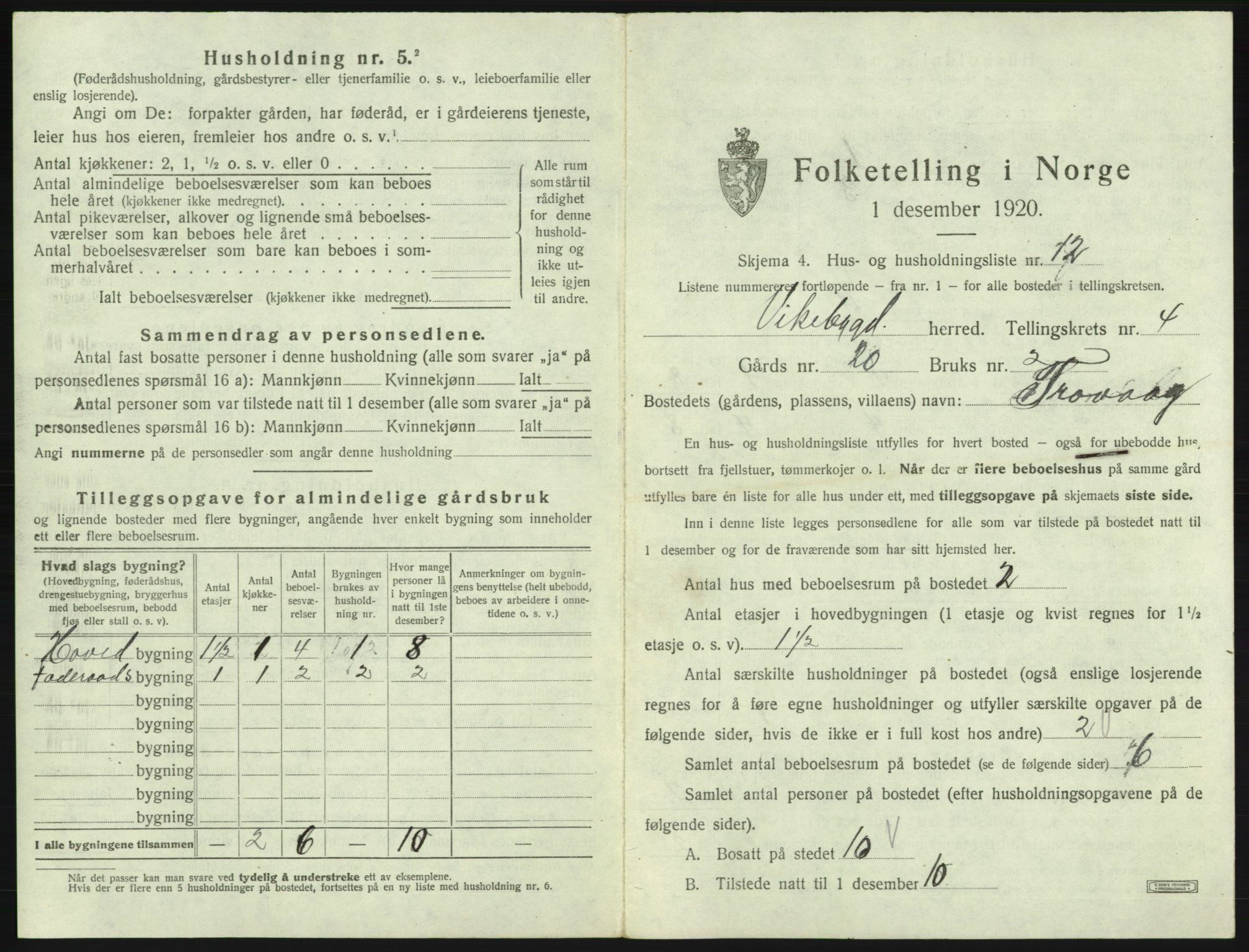 SAB, 1920 census for Vikebygd, 1920, p. 275