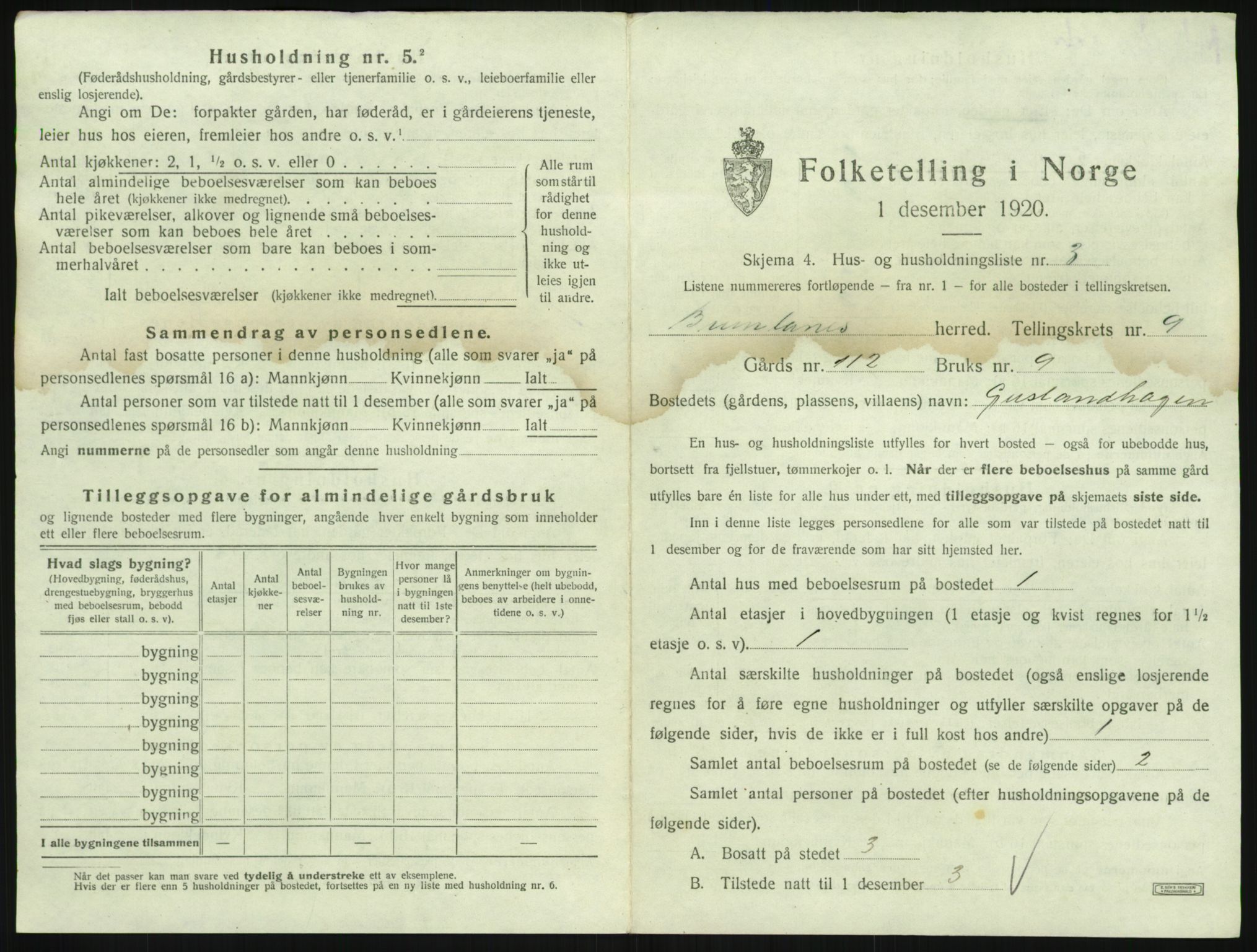 SAKO, 1920 census for Brunlanes, 1920, p. 1085