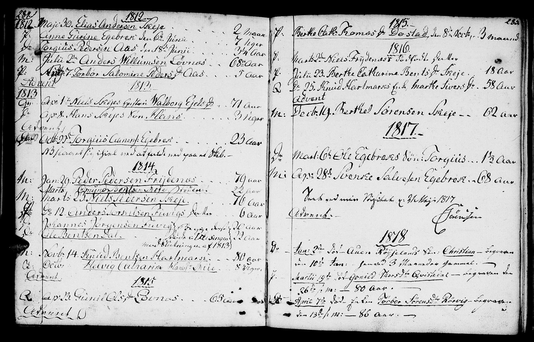 Mandal sokneprestkontor, SAK/1111-0030/F/Fb/Fbb/L0001: Parish register (copy) no. B 1, 1802-1846, p. 284-285