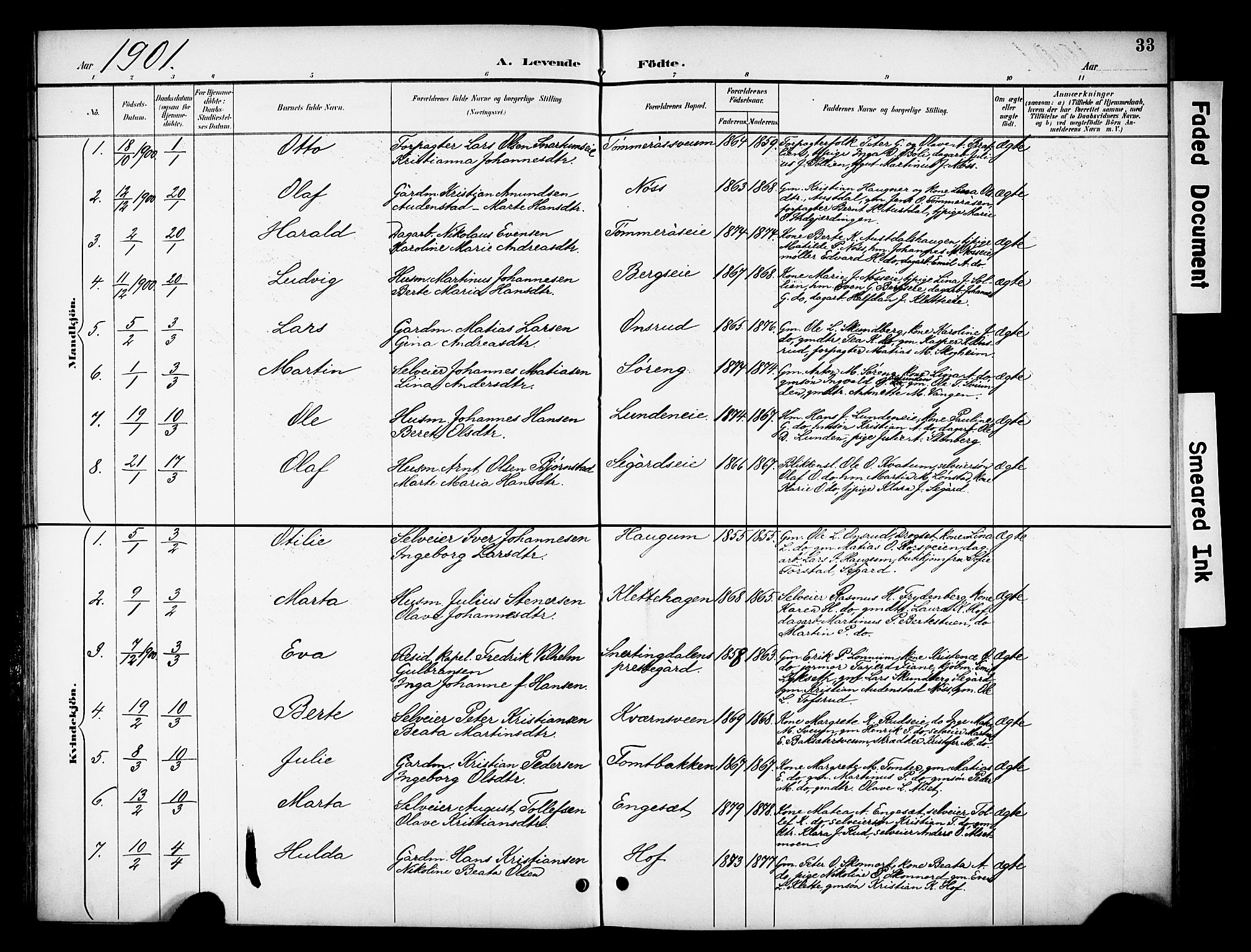 Biri prestekontor, SAH/PREST-096/H/Ha/Haa/L0008: Parish register (official) no. 8, 1894-1901, p. 33