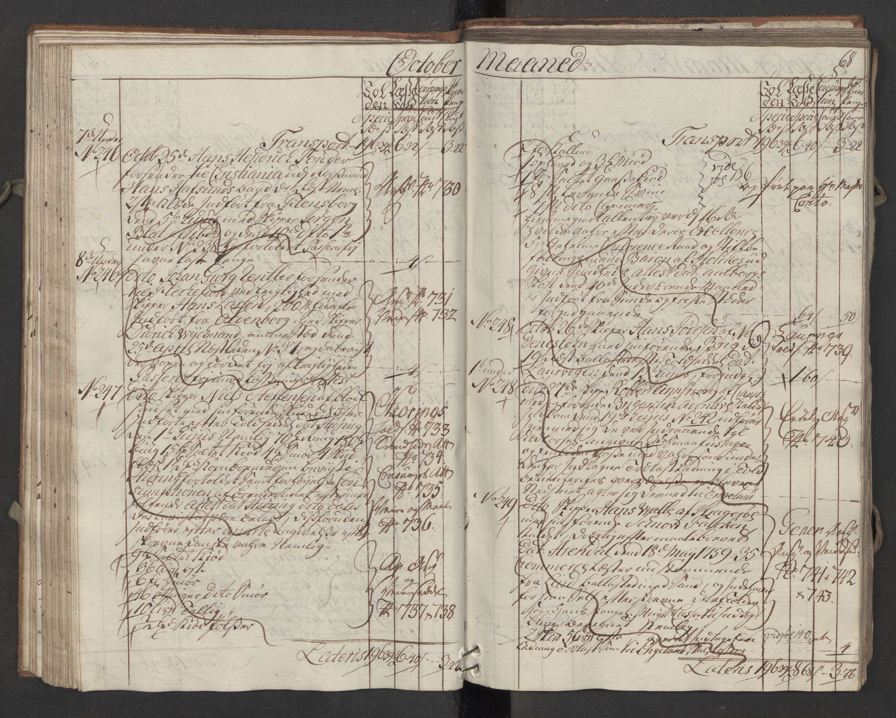 Generaltollkammeret, tollregnskaper, RA/EA-5490/R13/L0036/0001: Tollregnskaper Kragerø / Inngående hovedtollbok, 1764, p. 67b-68a