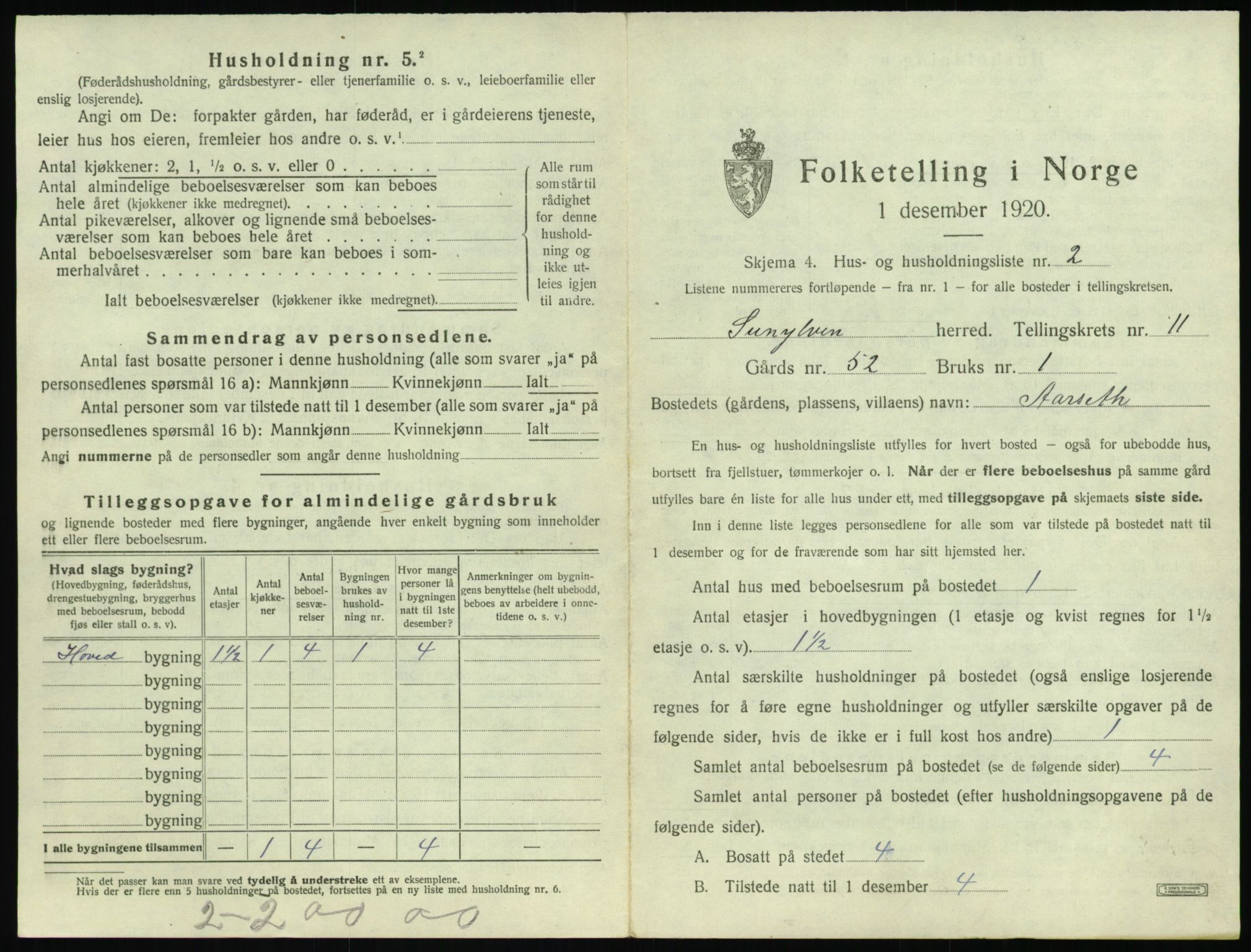 SAT, 1920 census for Sunnylven, 1920, p. 460