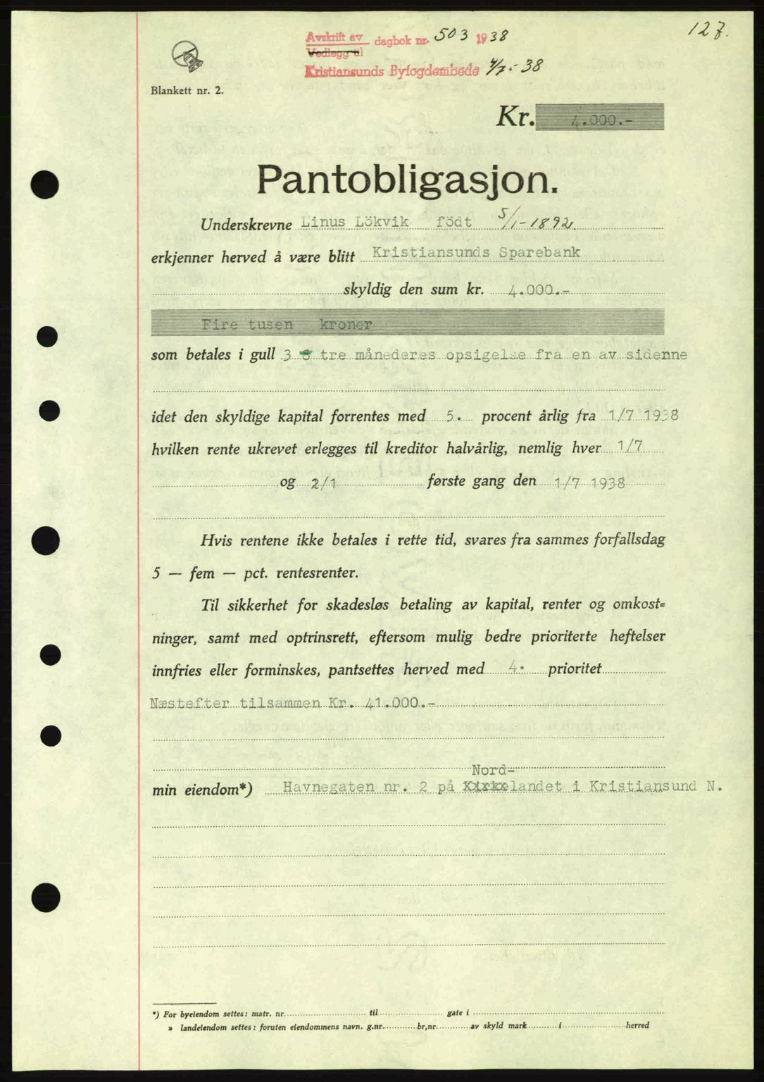 Kristiansund byfogd, SAT/A-4587/A/27: Mortgage book no. 31, 1938-1939, Diary no: : 503/1938