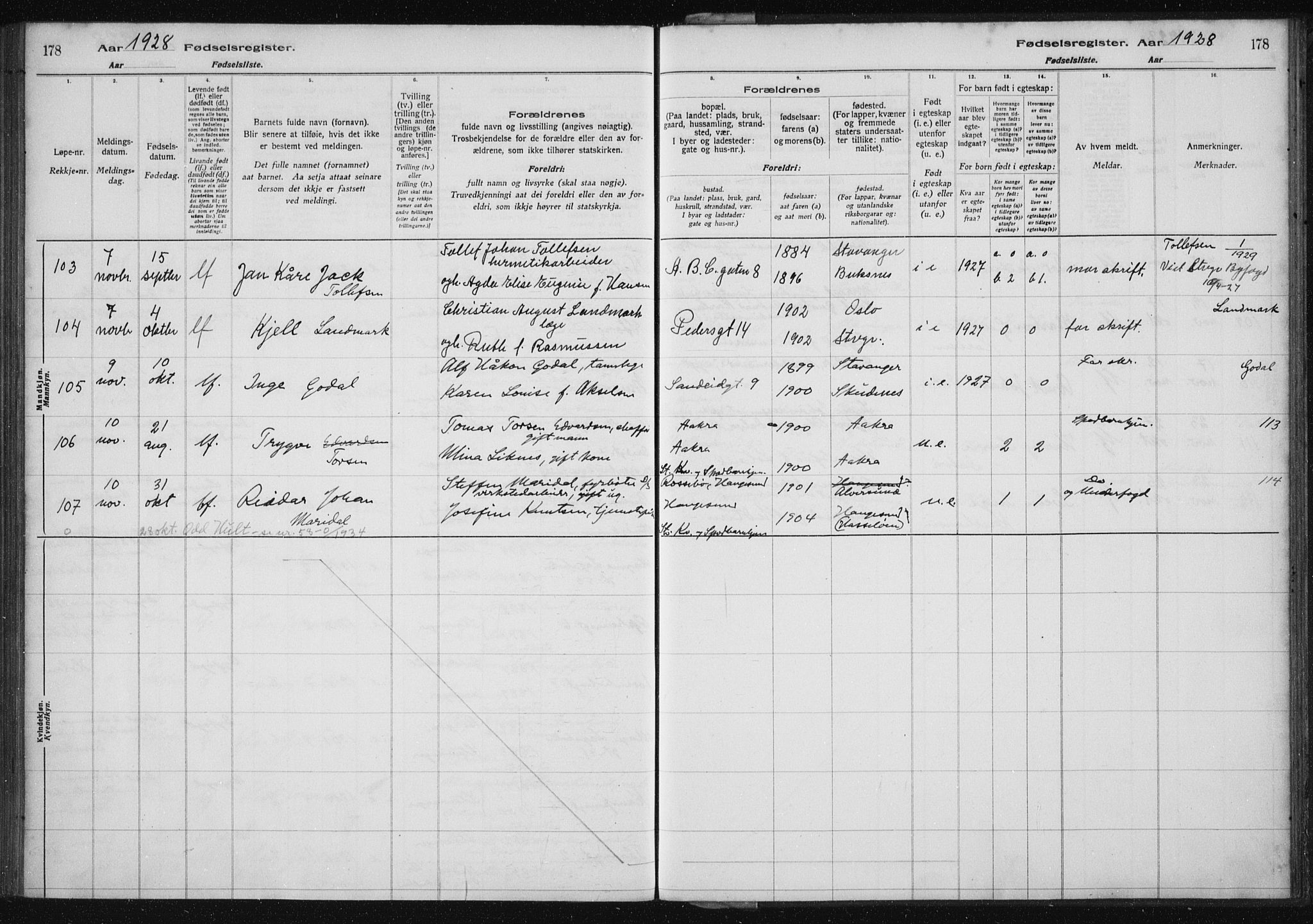 St. Petri sokneprestkontor, AV/SAST-A-101813/002/A/L0002: Birth register no. 2, 1922-1929, p. 178