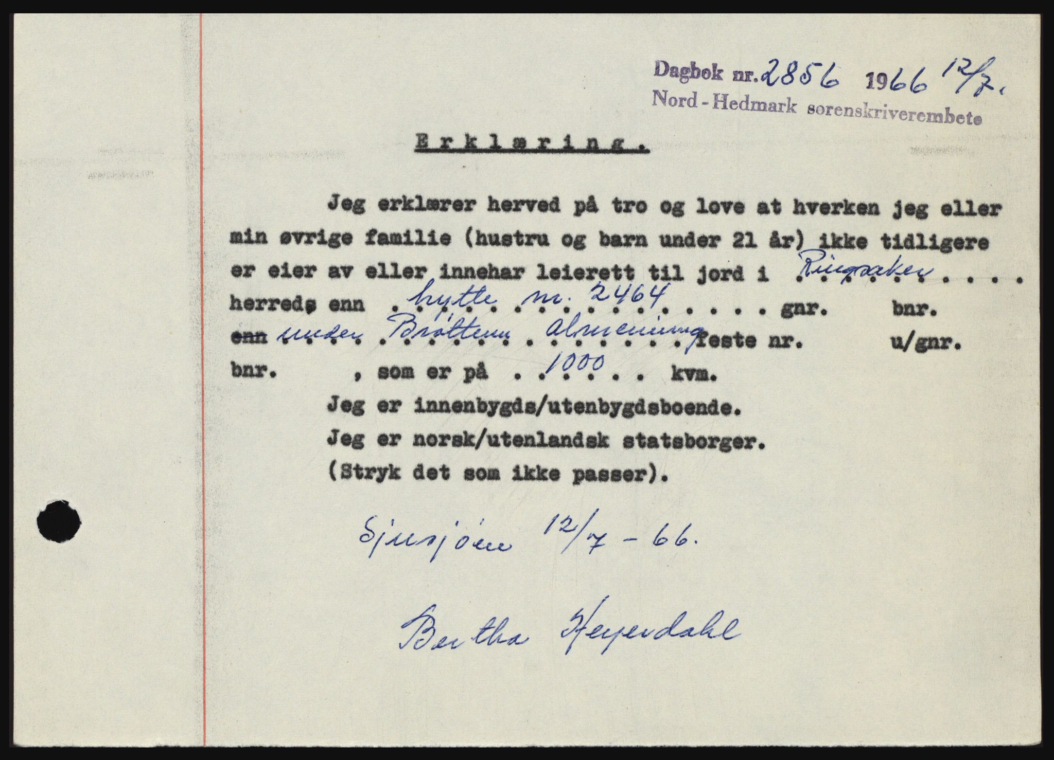 Nord-Hedmark sorenskriveri, AV/SAH-TING-012/H/Hc/L0024: Mortgage book no. 24, 1966-1966, Diary no: : 2856/1966