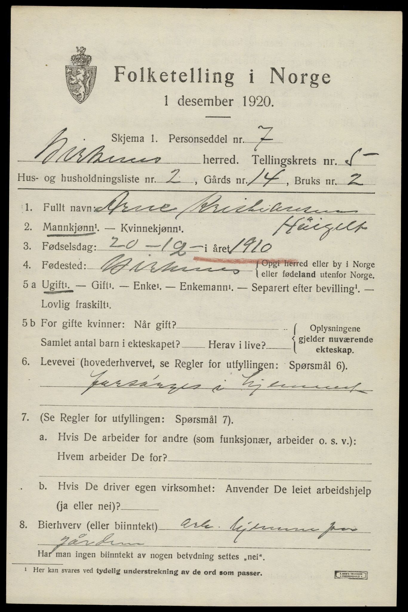 SAK, 1920 census for Birkenes, 1920, p. 3037