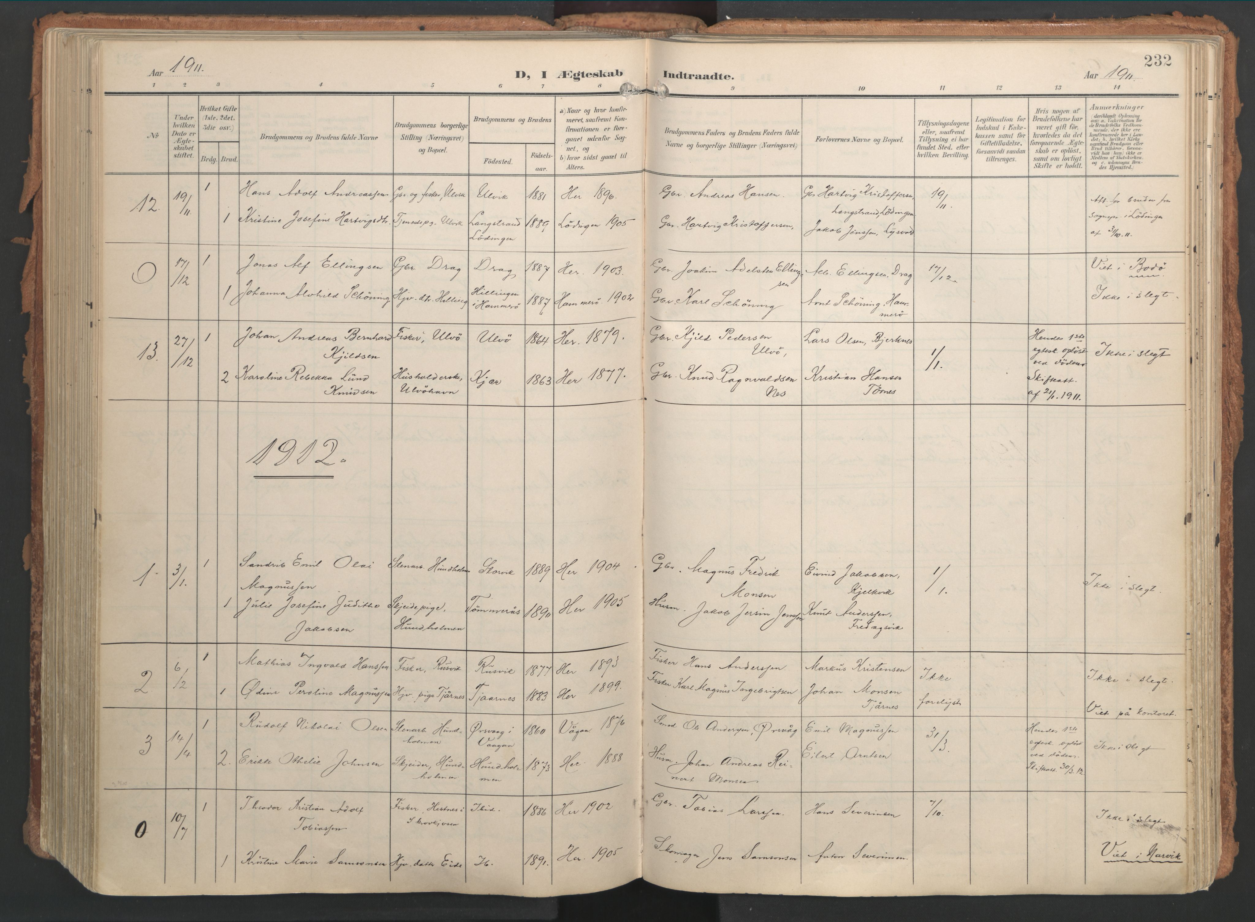 Ministerialprotokoller, klokkerbøker og fødselsregistre - Nordland, AV/SAT-A-1459/861/L0871: Parish register (official) no. 861A06, 1903-1916, p. 232