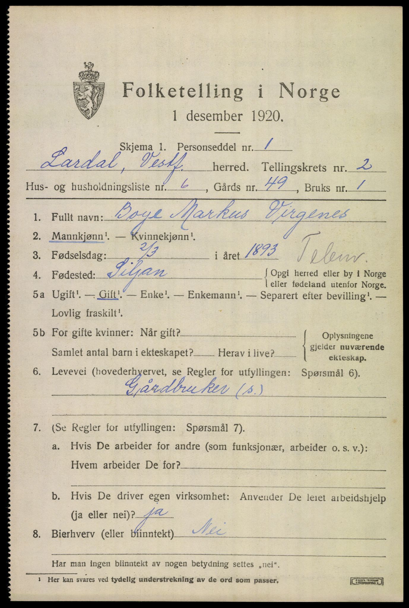SAKO, 1920 census for Lardal, 1920, p. 2007
