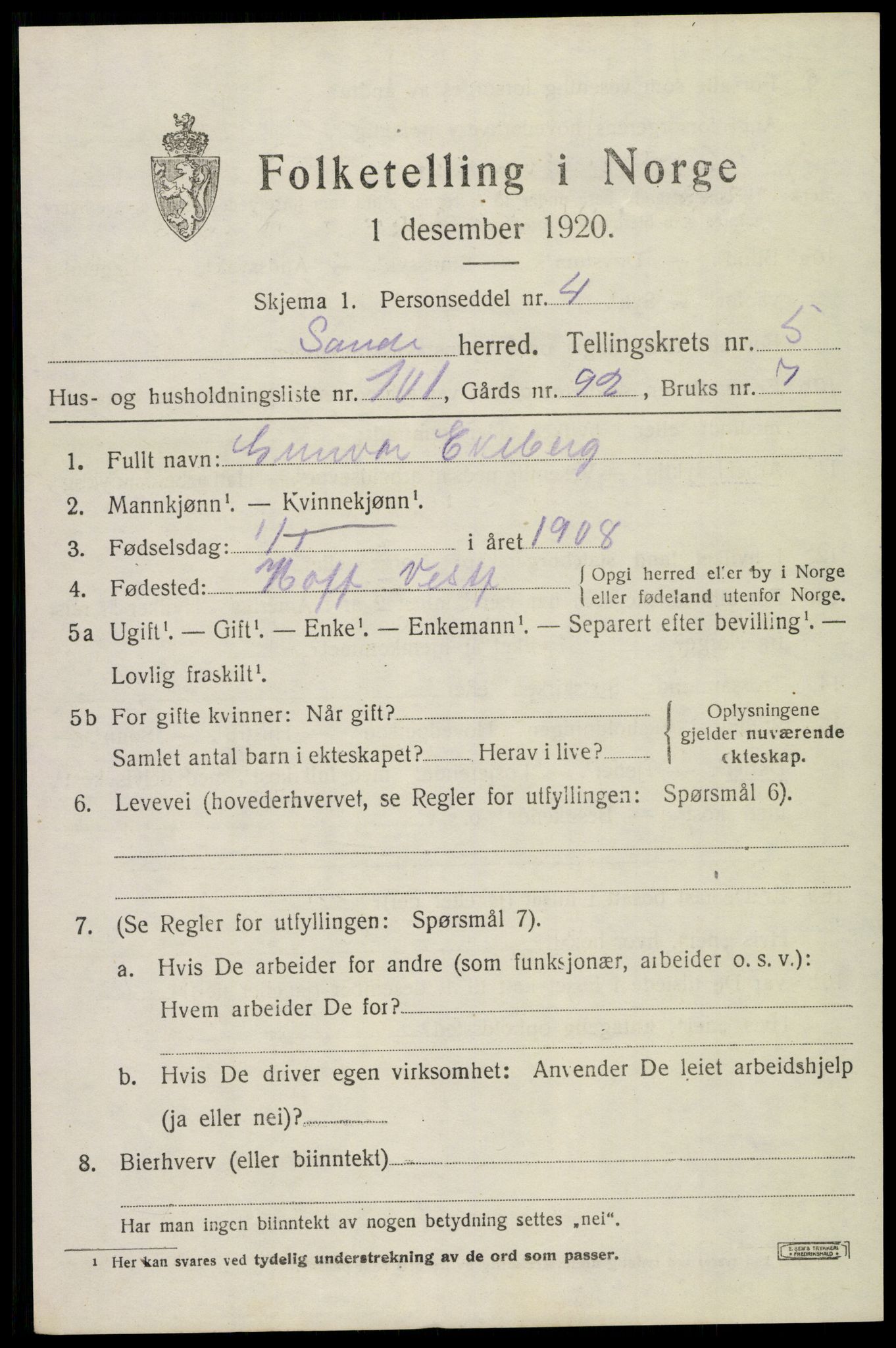 SAKO, 1920 census for Sande, 1920, p. 7254