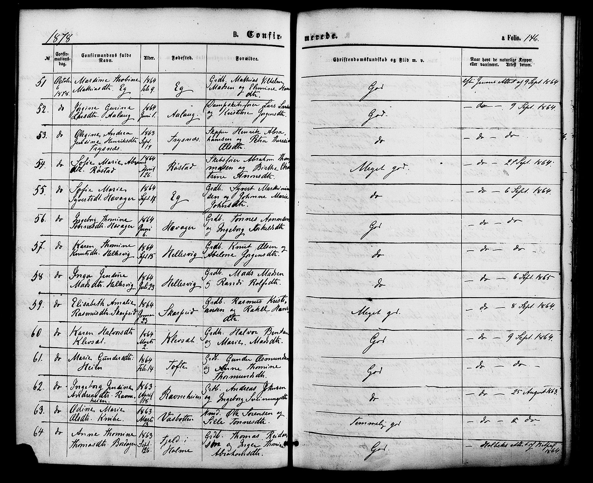 Søgne sokneprestkontor, SAK/1111-0037/F/Fa/Fab/L0011: Parish register (official) no. A 11, 1869-1879, p. 146