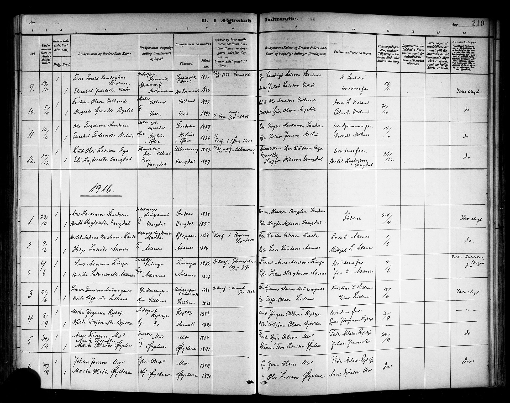 Kvam sokneprestembete, SAB/A-76201/H/Hab: Parish register (copy) no. B 3, 1884-1916, p. 219