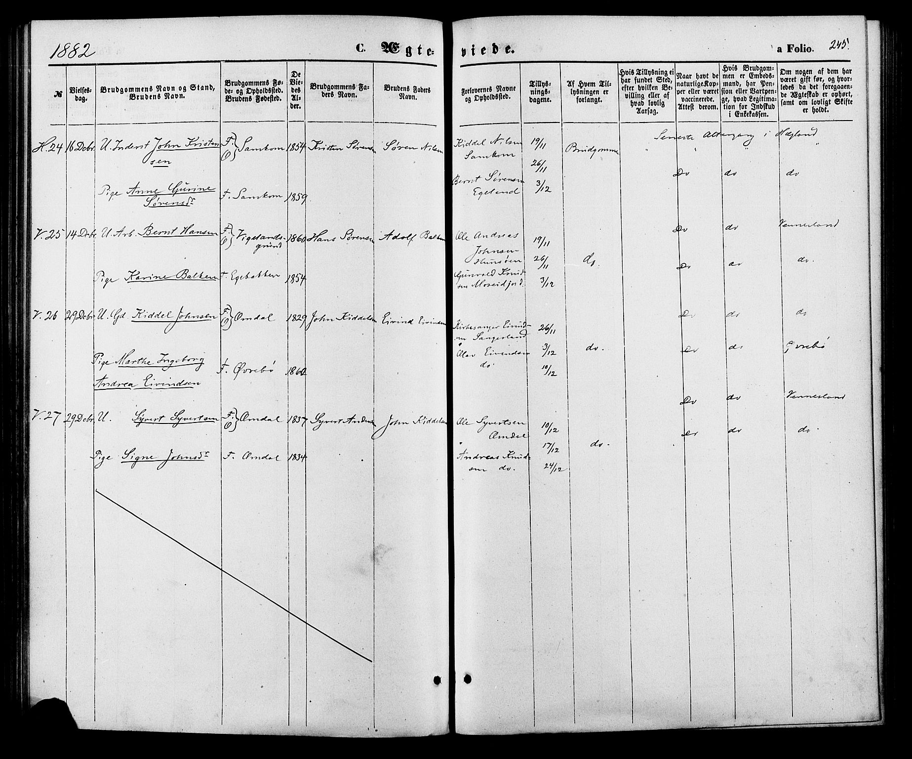 Vennesla sokneprestkontor, SAK/1111-0045/Fa/Fac/L0008: Parish register (official) no. A 8, 1874-1883, p. 245