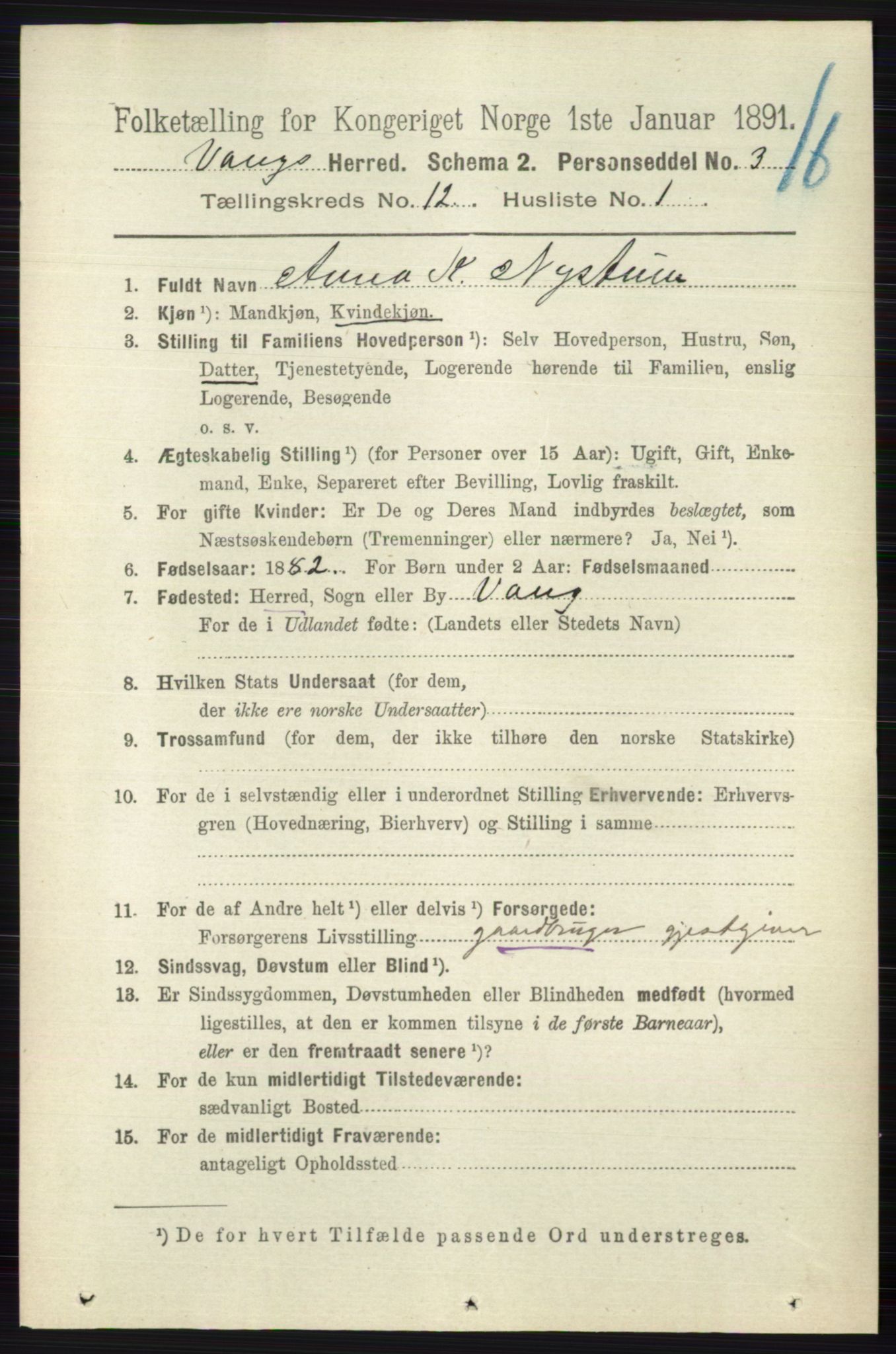 RA, 1891 census for 0545 Vang, 1891, p. 2621