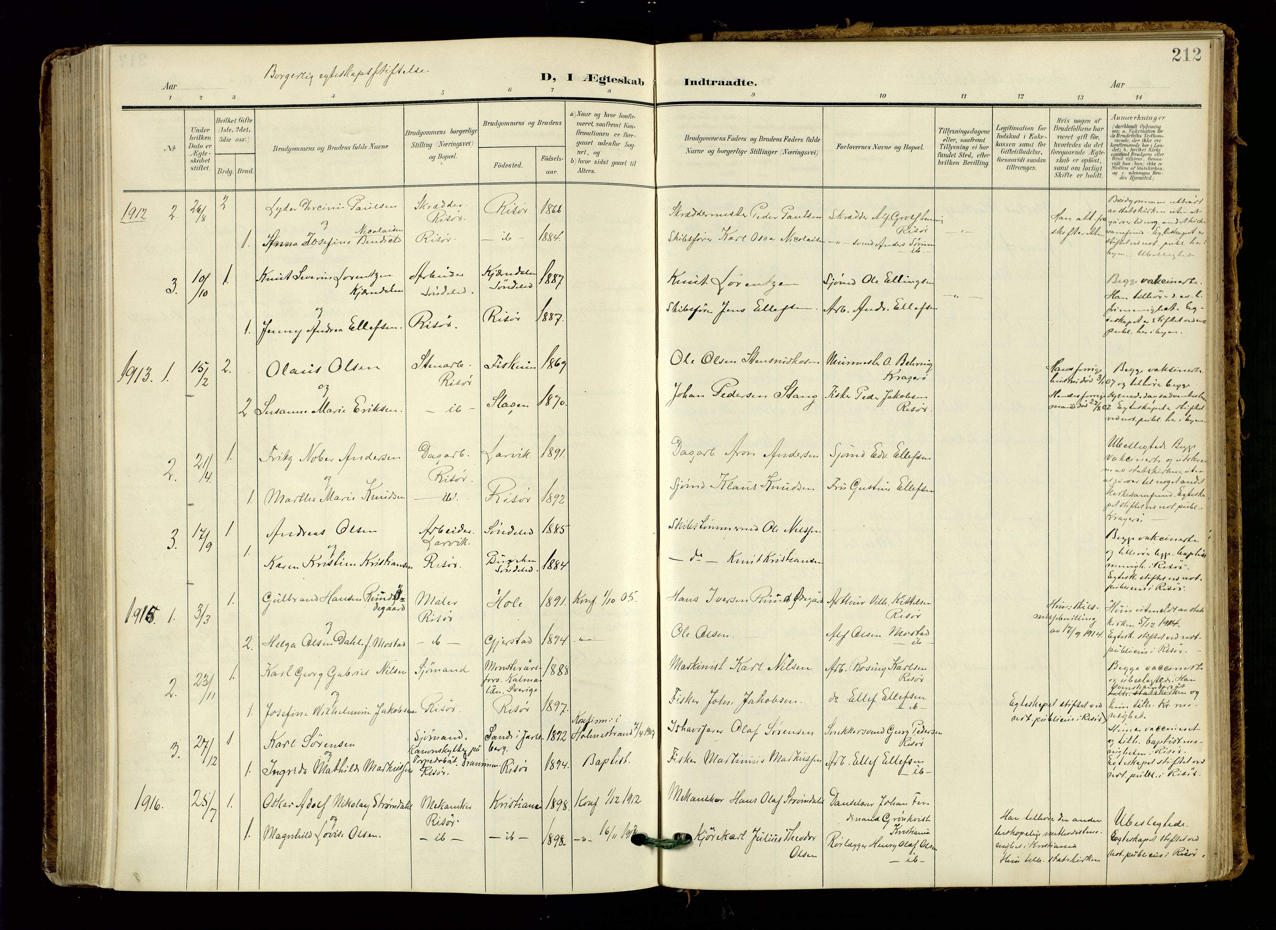 Risør sokneprestkontor, AV/SAK-1111-0035/F/Fa/L0011: Parish register (official) no. A 11, 1907-1920, p. 212