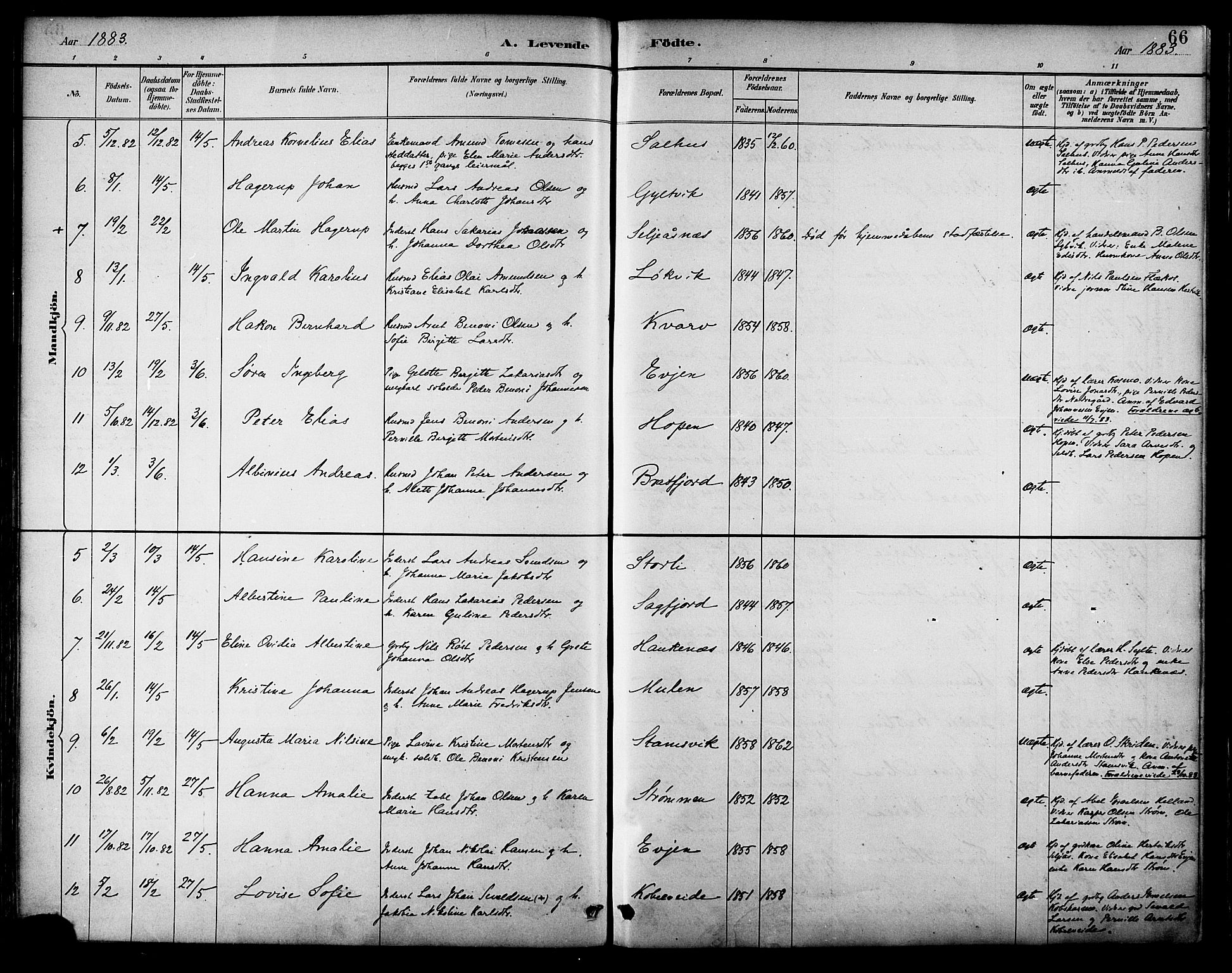 Ministerialprotokoller, klokkerbøker og fødselsregistre - Nordland, AV/SAT-A-1459/854/L0778: Parish register (official) no. 854A01 /2, 1881-1888, p. 66