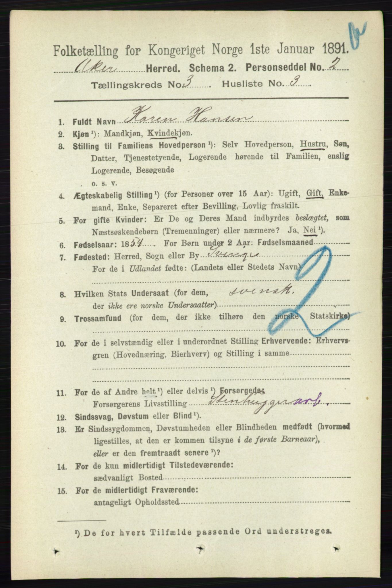 RA, 1891 census for 0218 Aker, 1891, p. 2936