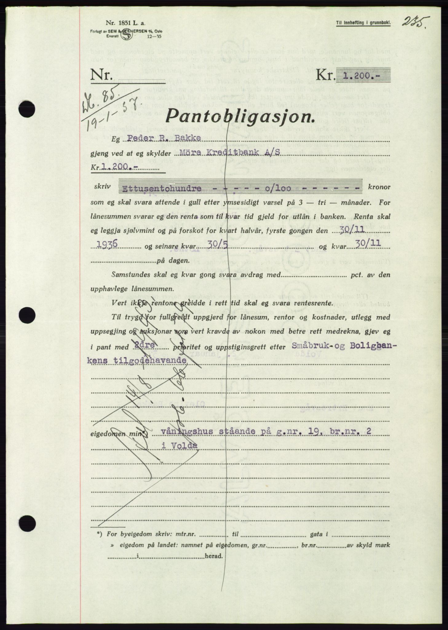 Søre Sunnmøre sorenskriveri, AV/SAT-A-4122/1/2/2C/L0062: Mortgage book no. 56, 1936-1937, Diary no: : 85/1937