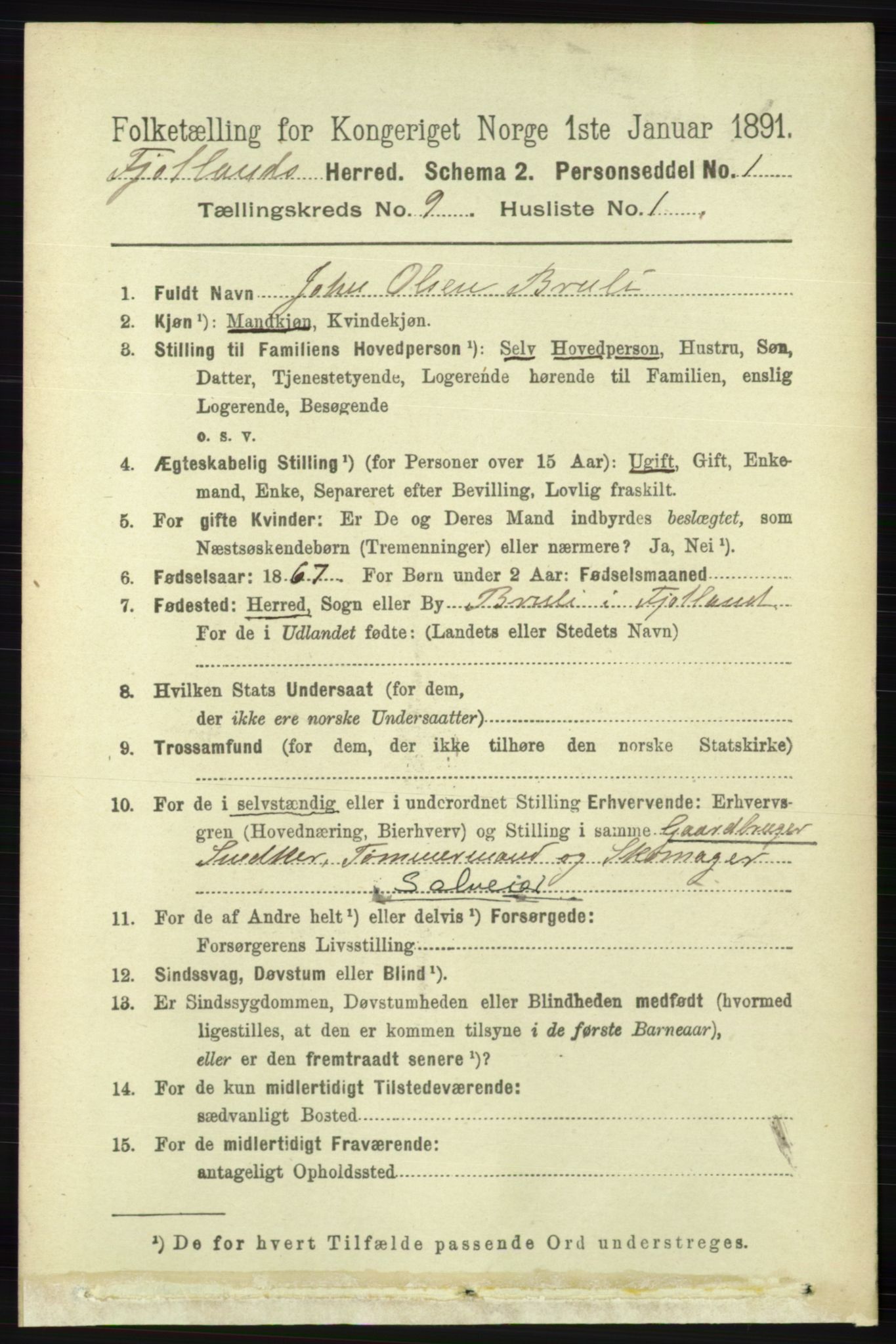 RA, 1891 census for 1036 Fjotland, 1891, p. 1302