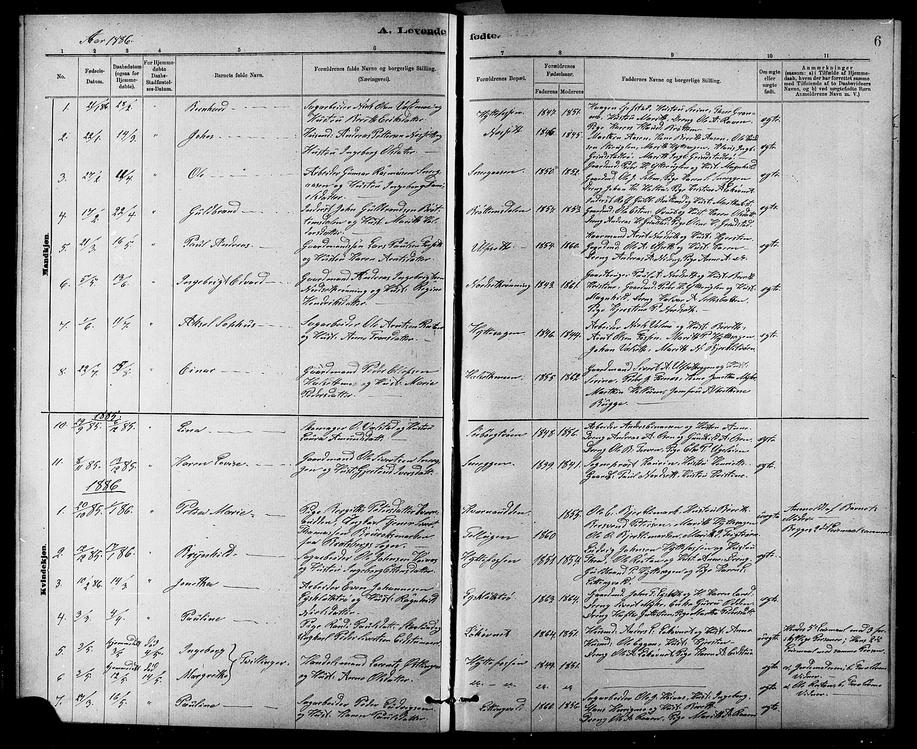 Ministerialprotokoller, klokkerbøker og fødselsregistre - Sør-Trøndelag, SAT/A-1456/618/L0452: Parish register (copy) no. 618C03, 1884-1906, p. 6
