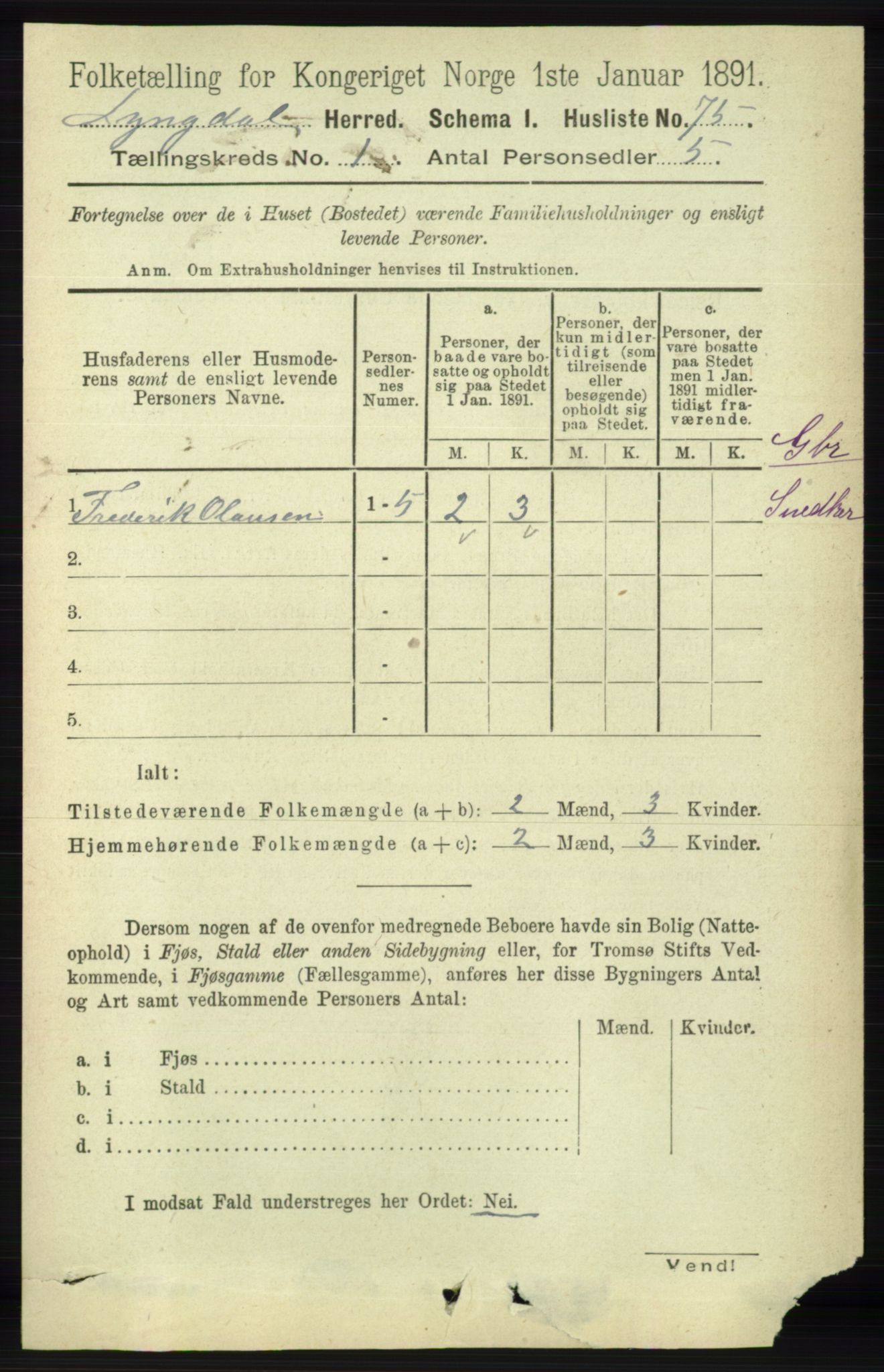 RA, 1891 census for 1032 Lyngdal, 1891, p. 115