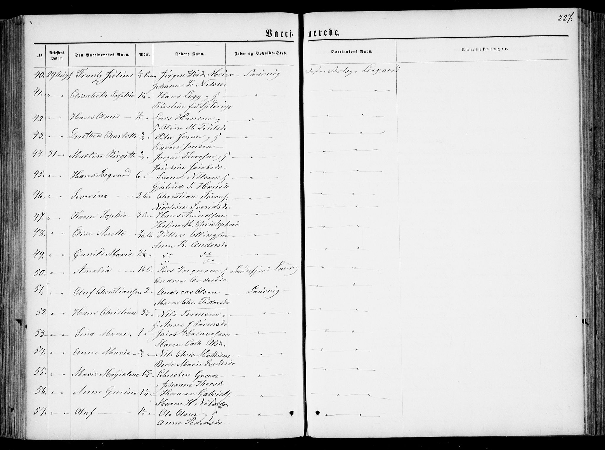 Larvik kirkebøker, AV/SAKO-A-352/F/Fa/L0005: Parish register (official) no. I 5, 1856-1870, p. 227