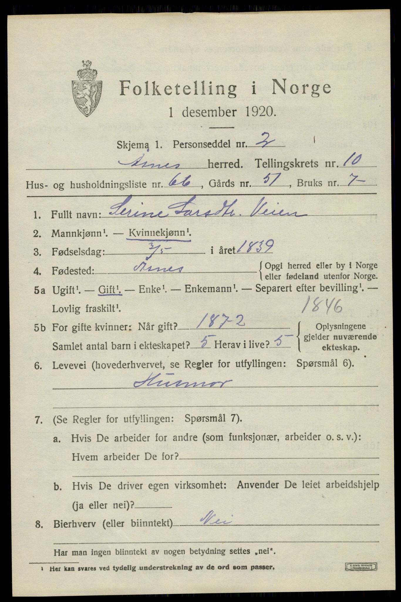 SAH, 1920 census for Åsnes, 1920, p. 11108