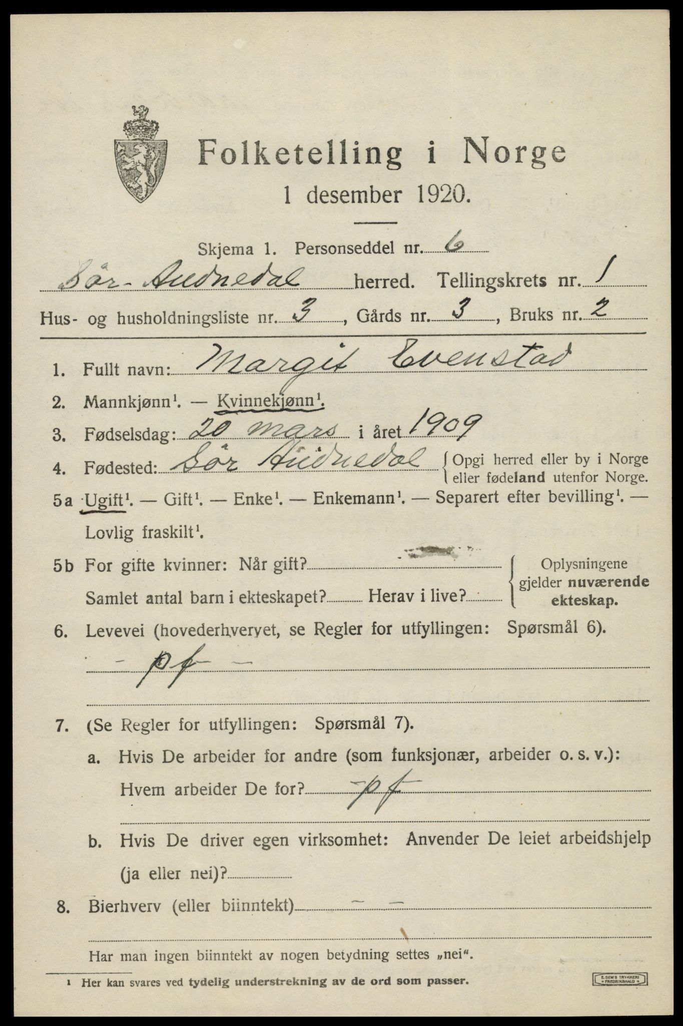 SAK, 1920 census for Sør-Audnedal, 1920, p. 1487