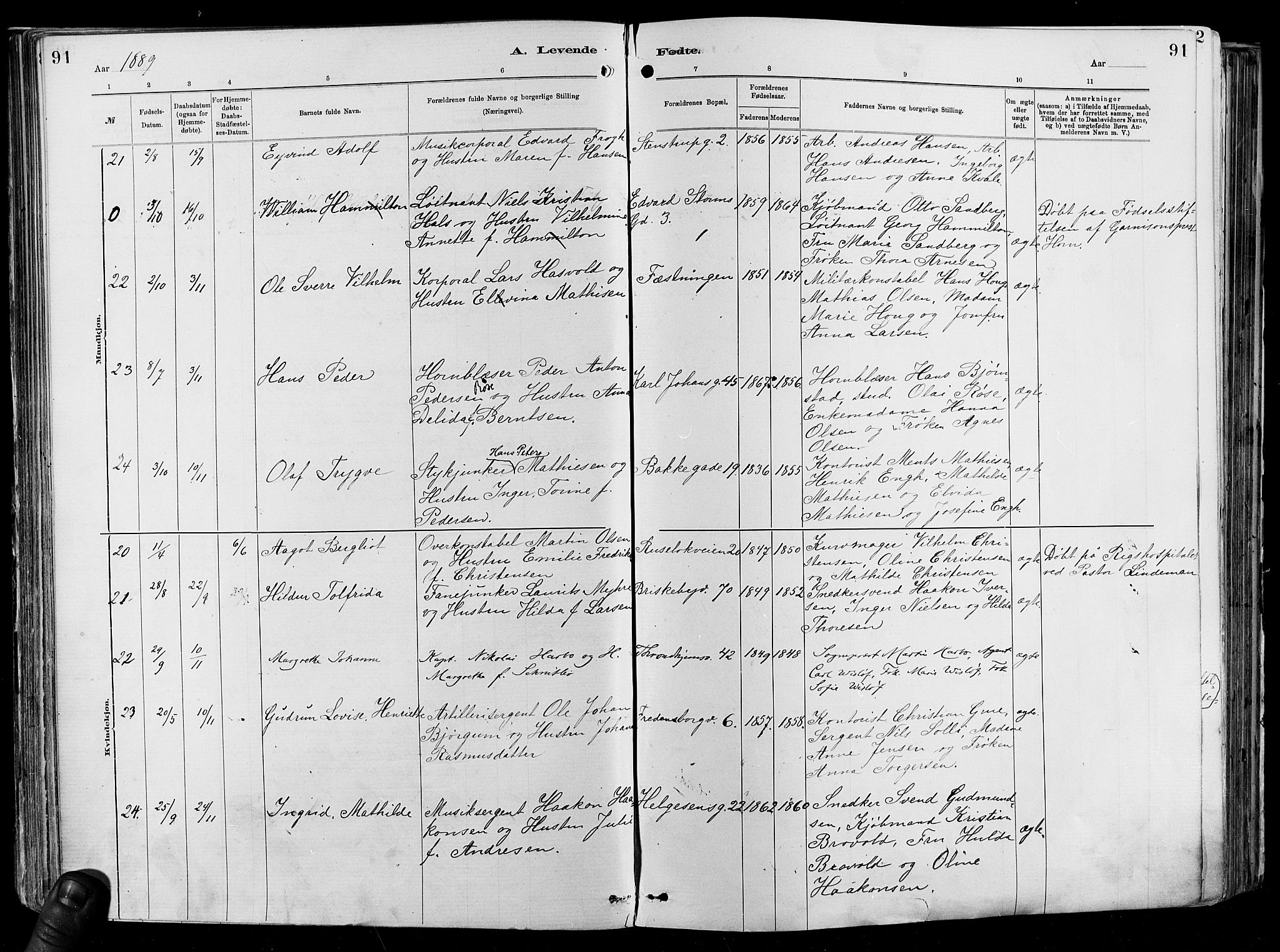 Garnisonsmenigheten Kirkebøker, AV/SAO-A-10846/F/Fa/L0012: Parish register (official) no. 12, 1880-1893, p. 91