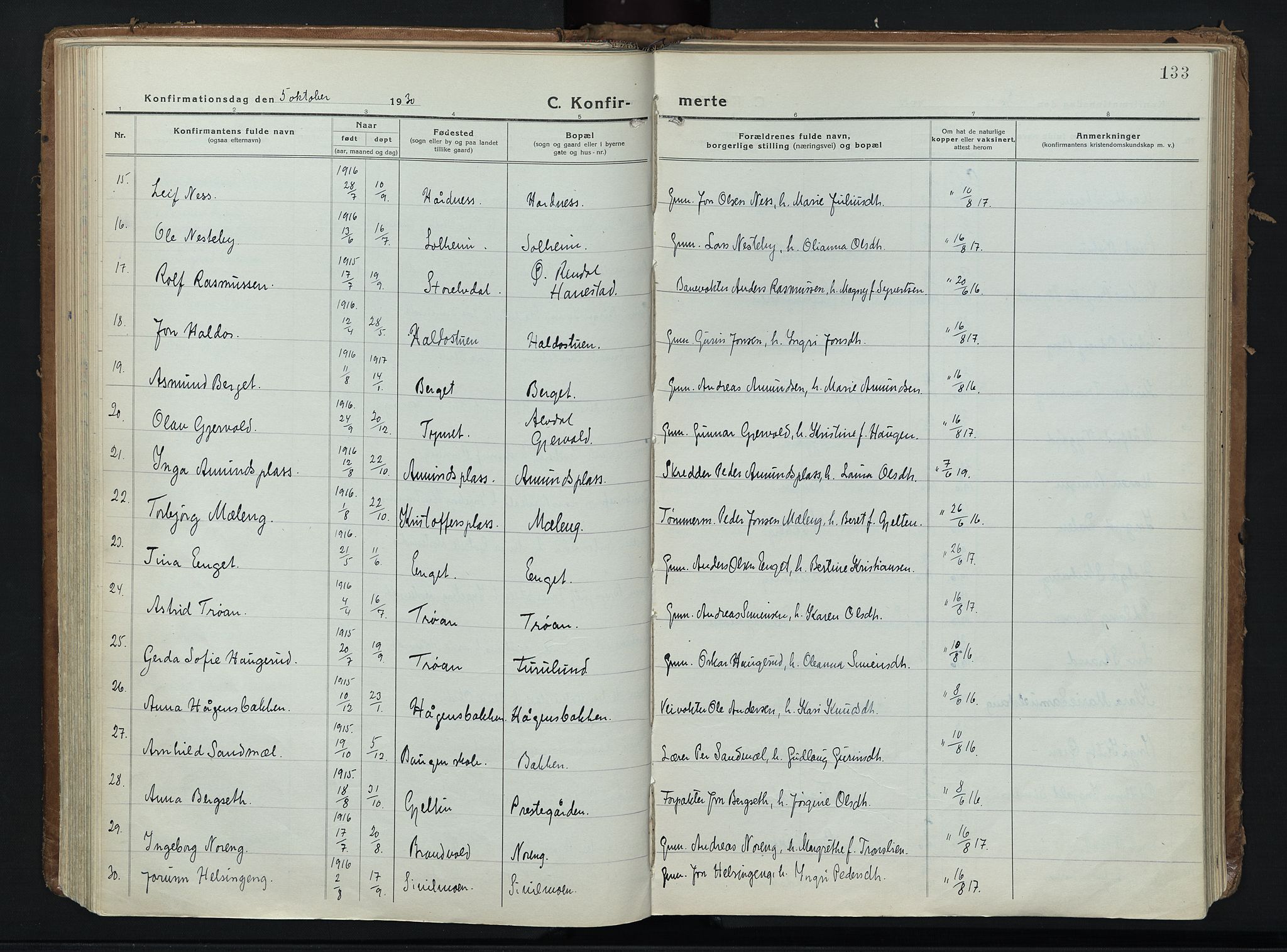 Alvdal prestekontor, SAH/PREST-060/H/Ha/Haa/L0006: Parish register (official) no. 6, 1920-1937, p. 133