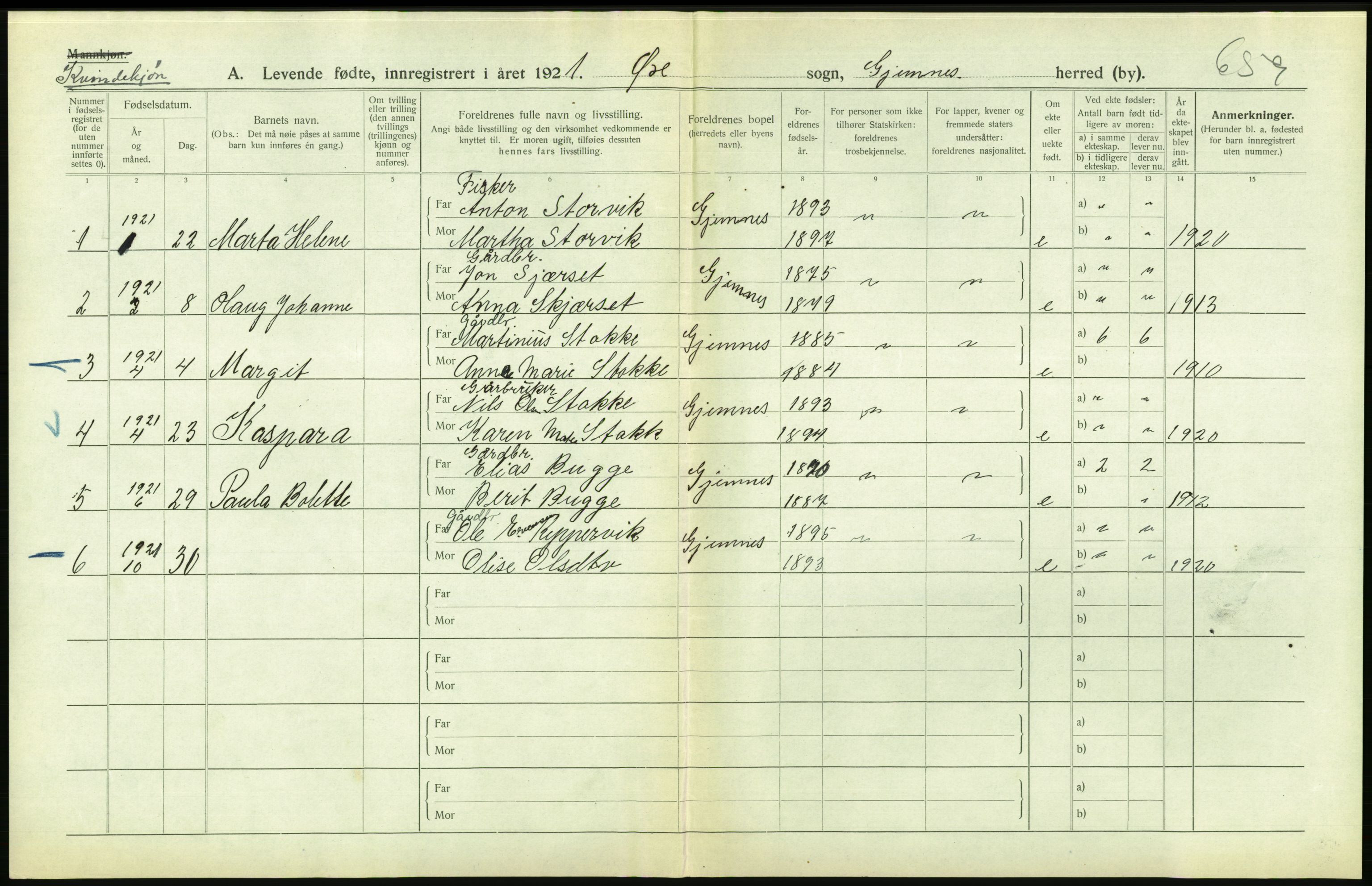 Statistisk sentralbyrå, Sosiodemografiske emner, Befolkning, RA/S-2228/D/Df/Dfc/Dfca/L0040: Møre fylke: Levendefødte menn og kvinner. Bygder., 1921, p. 676